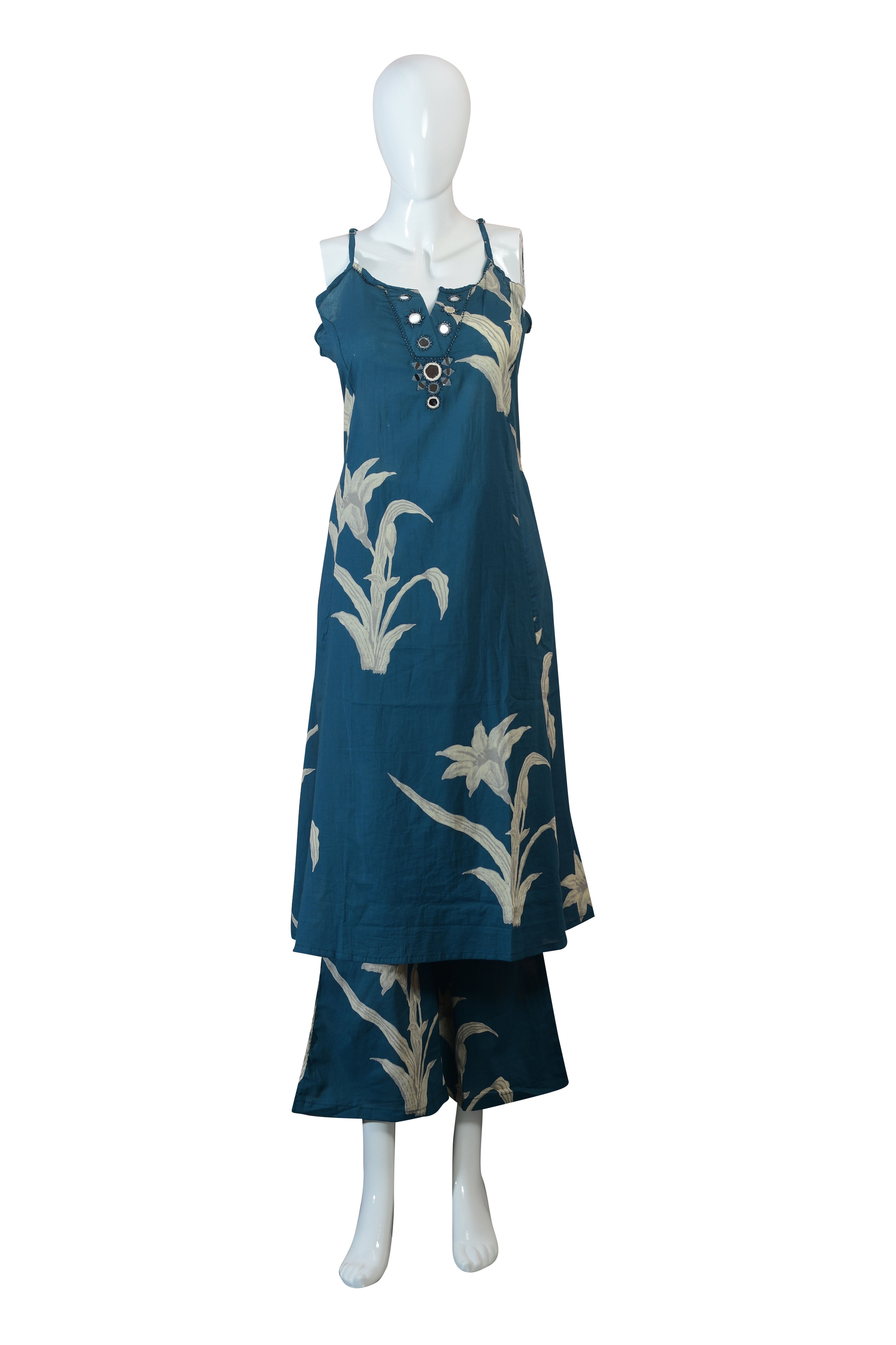 Ethnic Kurti Set for Women – V-Neck Embroidered KurtI with Mirror Work, Printed Dupatta & Plazo
