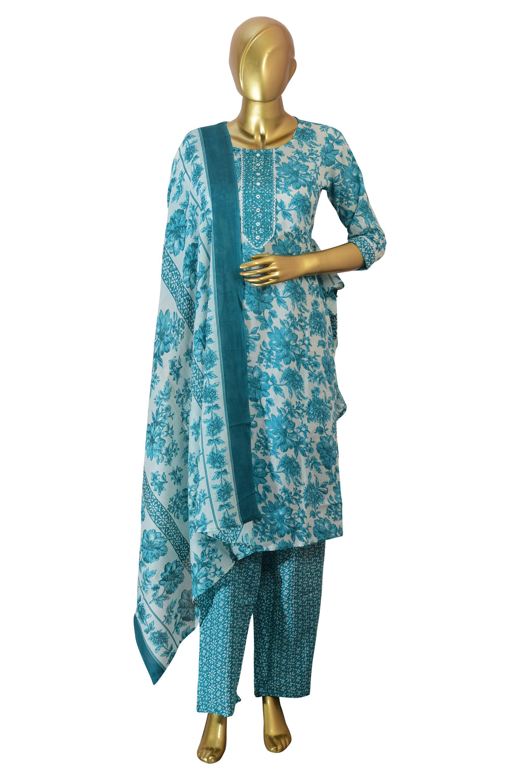 Blue Cotton Printed Embroidered Suit – Teal Floral Kurta Set with Dupatta Ethnic Wear for Casual & Festive Occasions