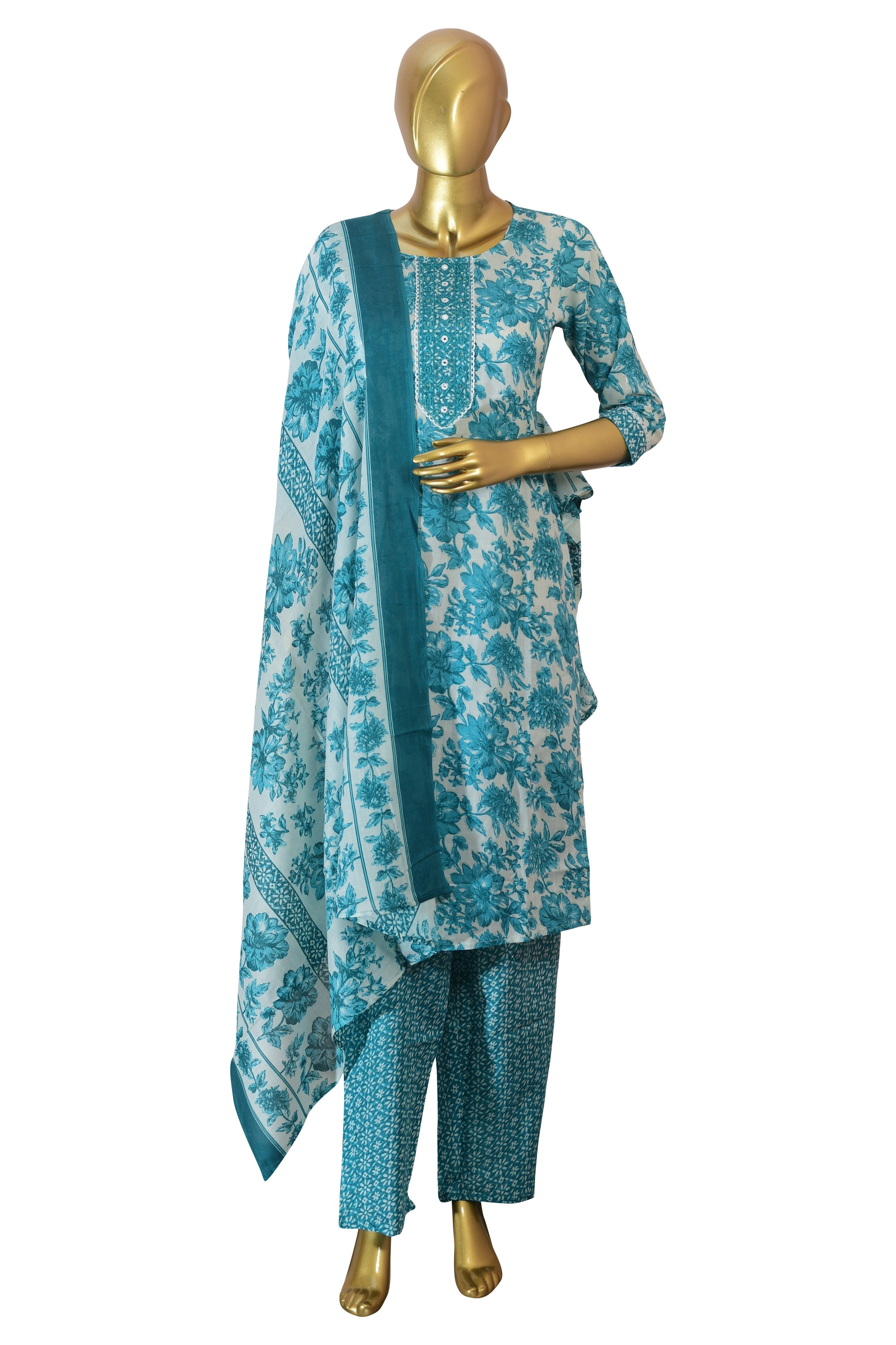 Blue Cotton Printed Embroidered Suit – Teal Floral Kurta Set with Dupatta Ethnic Wear for Casual & Festive Occasions