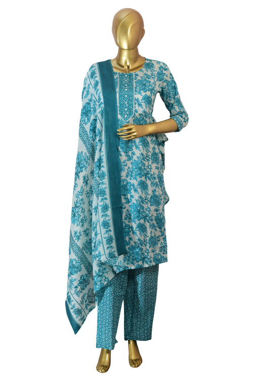 Blue Cotton Printed Embroidered Suit – Teal Floral Kurta Set with Dupatta Ethnic Wear for Casual & Festive Occasions