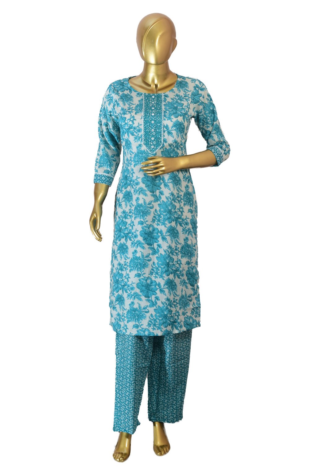 Blue Cotton Printed Embroidered Suit – Teal Floral Kurta Set with Dupatta Ethnic Wear for Casual & Festive Occasions