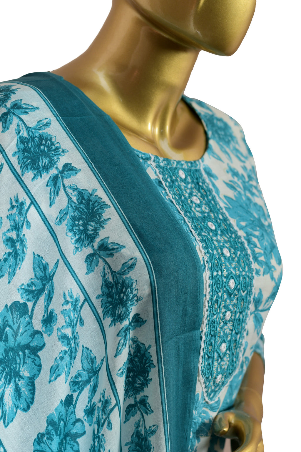 Blue Cotton Printed Embroidered Suit – Teal Floral Kurta Set with Dupatta Ethnic Wear for Casual & Festive Occasions