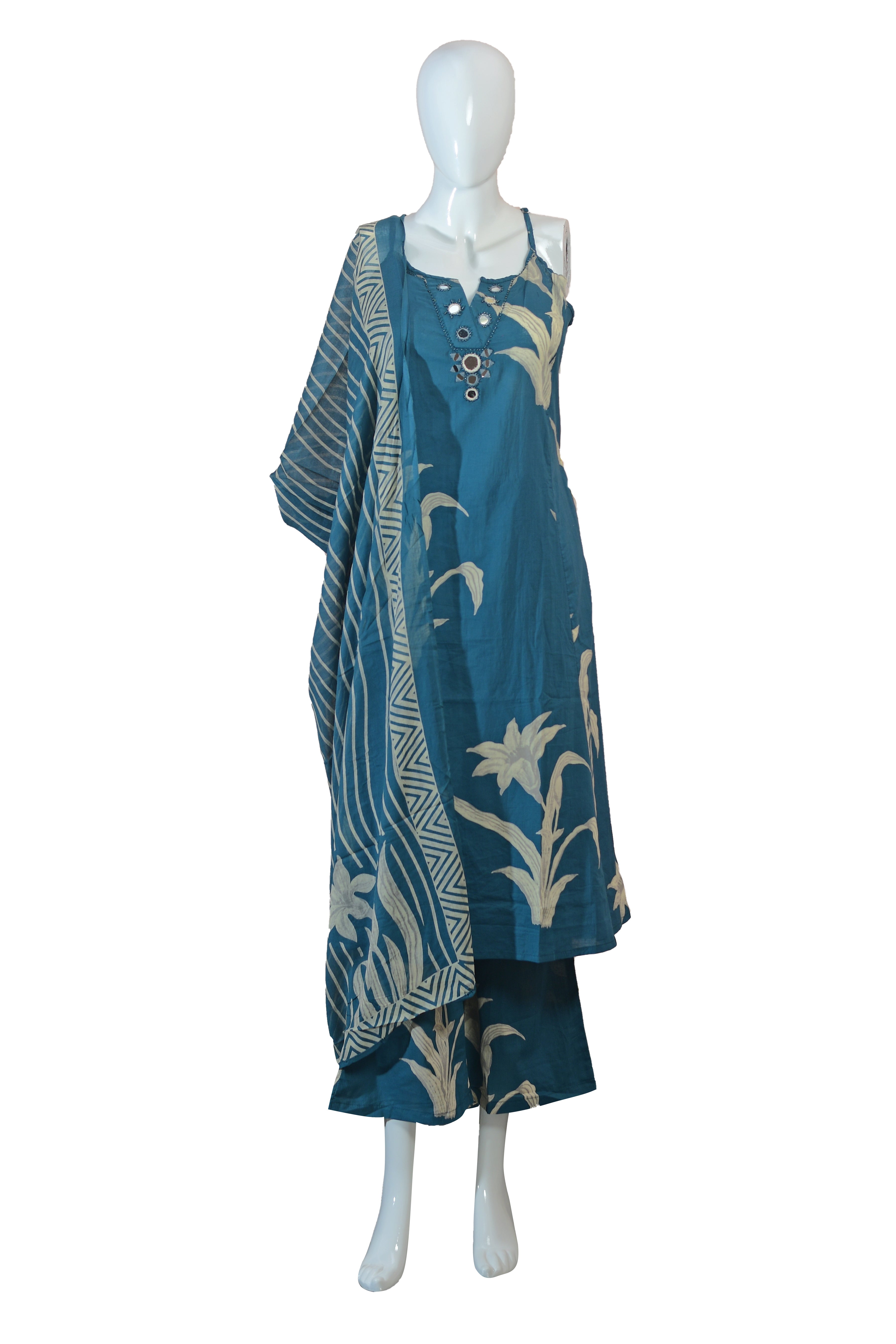 Ethnic Kurti Set for Women – V-Neck Embroidered KurtI with Mirror Work, Printed Dupatta & Plazo
