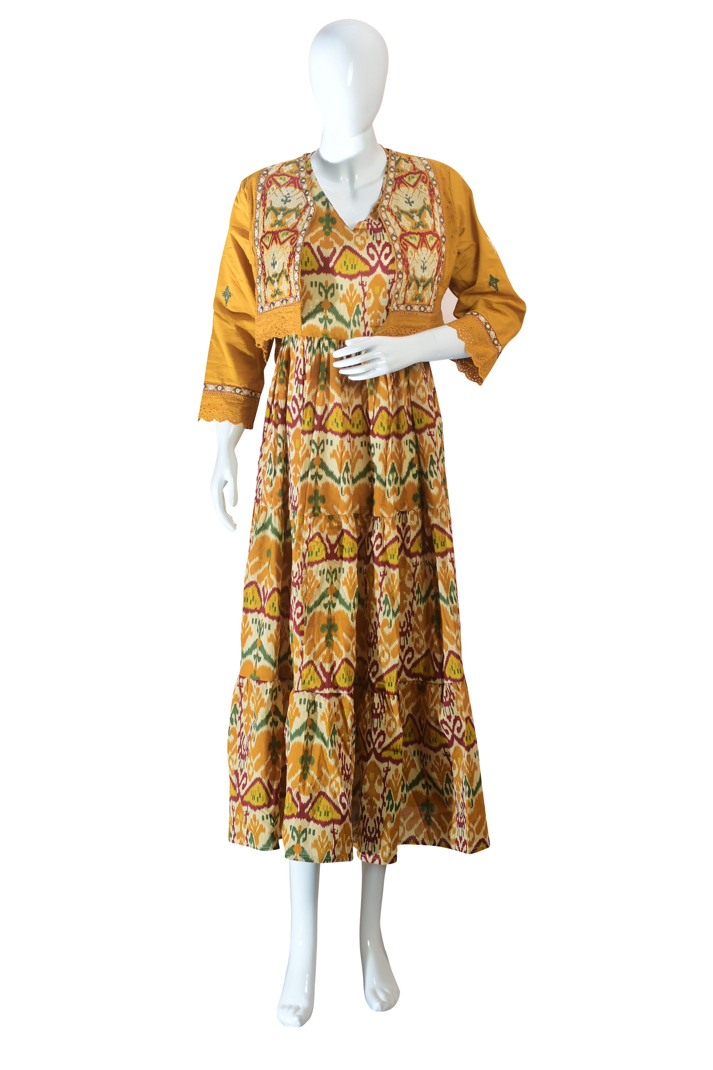 Mustard Yellow Dress with Ikat Print & Embroidered,Flared Ethnic Long Kurta Gown for Festive & Casual Wear