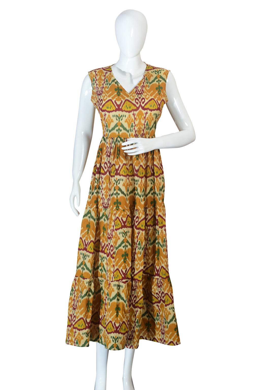 Mustard Yellow Dress with Ikat Print & Embroidered,Flared Ethnic Long Kurta Gown for Festive & Casual Wear