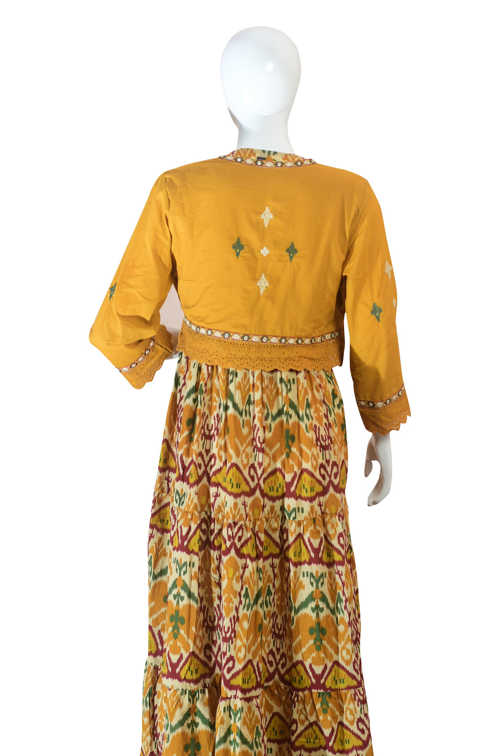 Mustard Yellow Dress with Ikat Print & Embroidered,Flared Ethnic Long Kurta Gown for Festive & Casual Wear