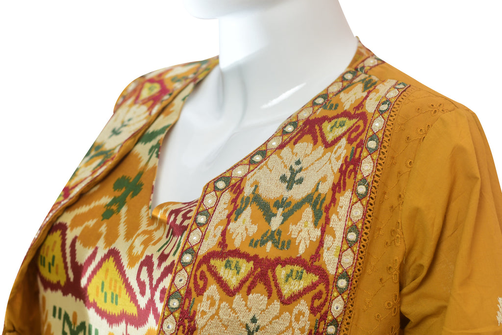 Mustard Yellow Dress with Ikat Print & Embroidered,Flared Ethnic Long Kurta Gown for Festive & Casual Wear