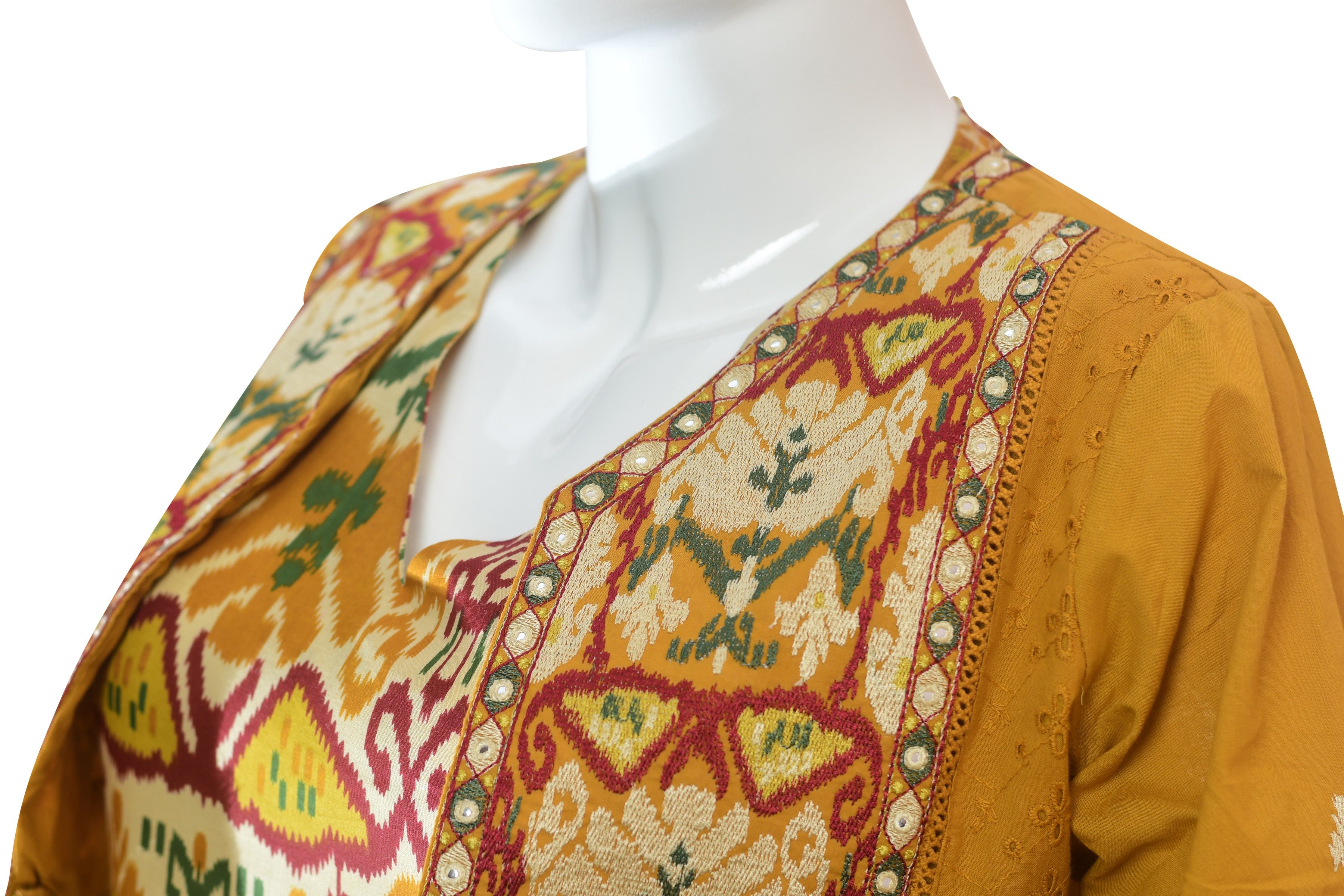 Mustard Yellow Dress with Ikat Print & Embroidered,Flared Ethnic Long Kurta Gown for Festive & Casual Wear