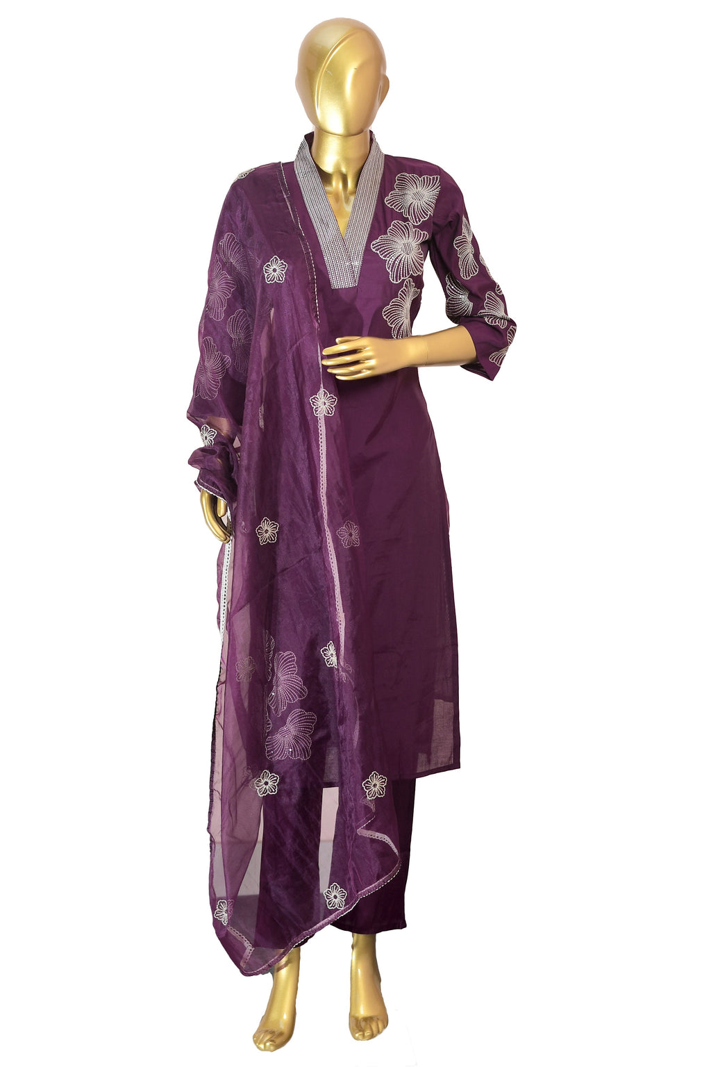 Wine Embroidered Kurta Set with Pants and Dupatta, V-Neck Floral Thread Work Ethnic Outfit for Festive and Casual Wear