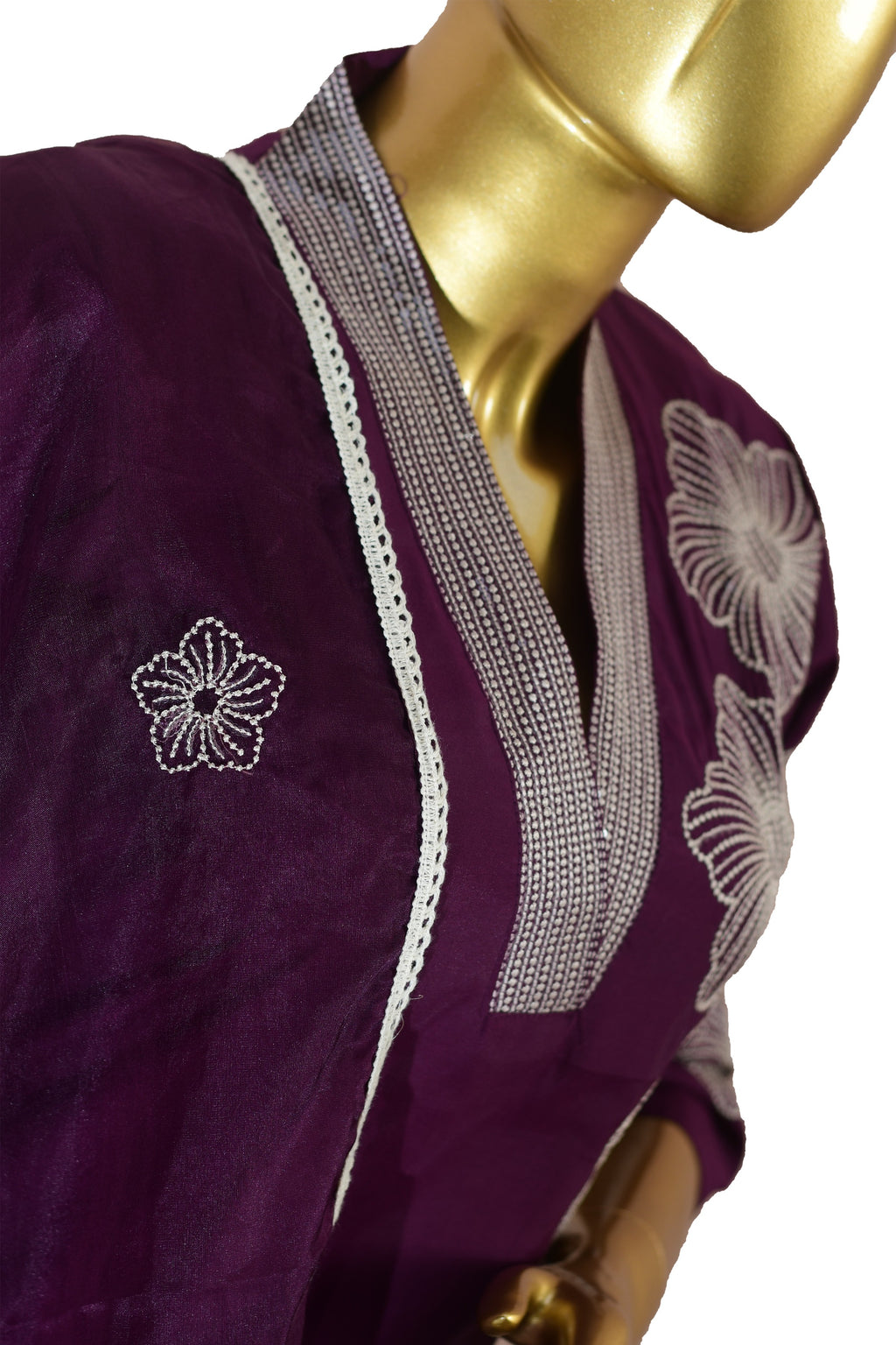 Wine Embroidered Kurta Set with Pants and Dupatta, V-Neck Floral Thread Work Ethnic Outfit for Festive and Casual Wear