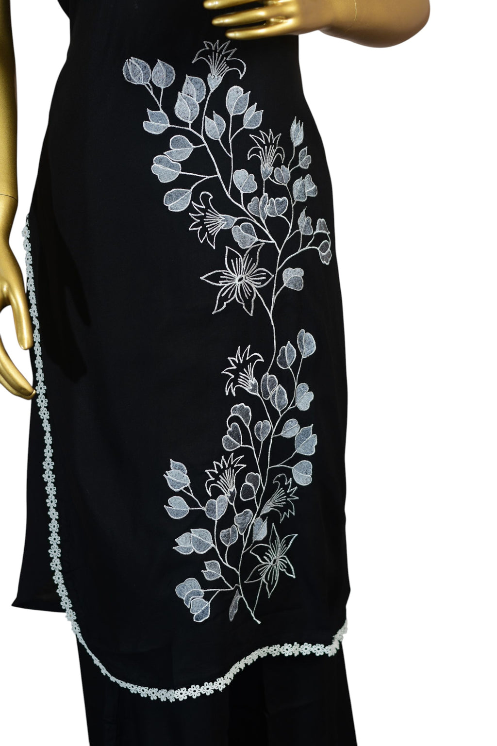 Black Kurti with White Floral Embroidery | Sleeveless | Lace Trim, Traditional Indian Dress|