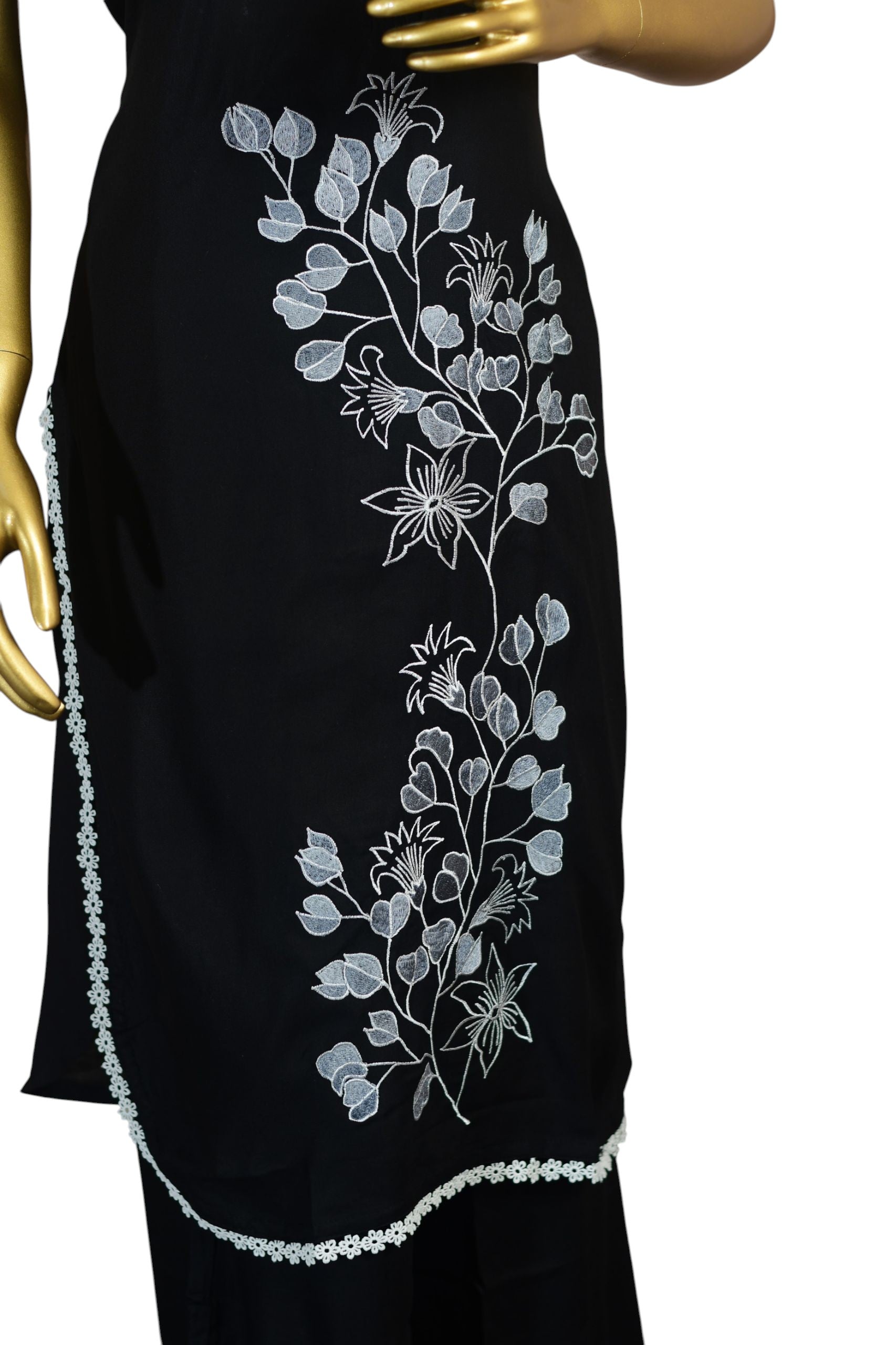 Black Kurti with White Floral Embroidery | Sleeveless | Lace Trim, Traditional Indian Dress|