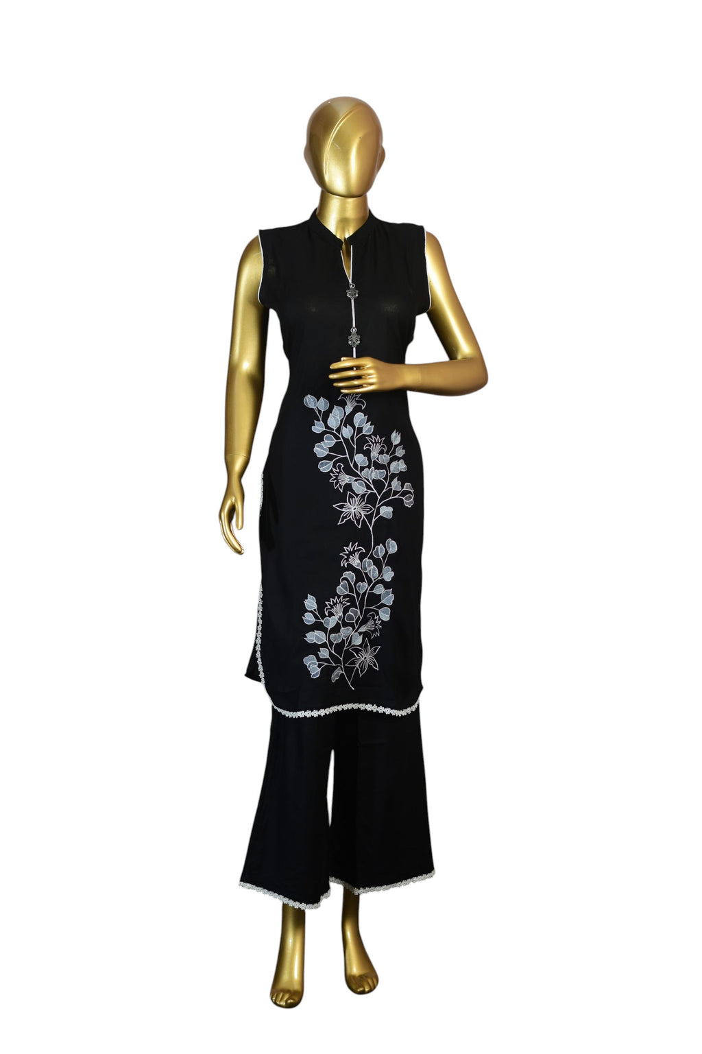 Black Kurti with White Floral Embroidery | Sleeveless | Lace Trim, Traditional Indian Dress|