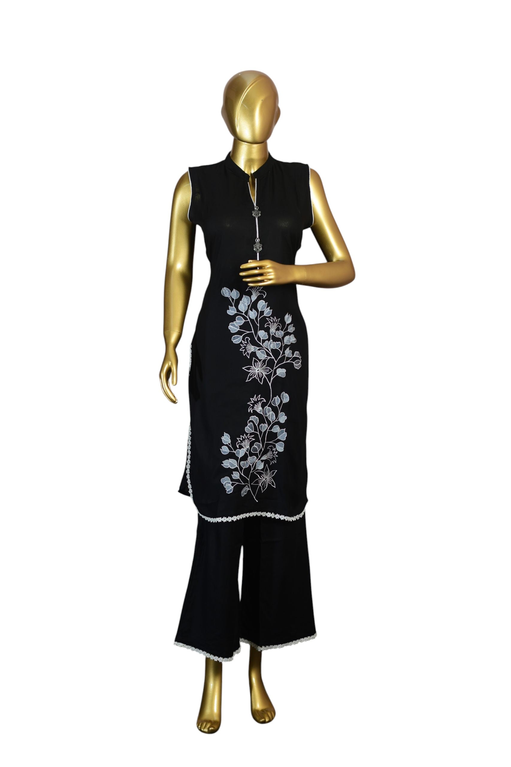 Black Kurti with White Floral Embroidery | Sleeveless | Lace Trim, Traditional Indian Dress|