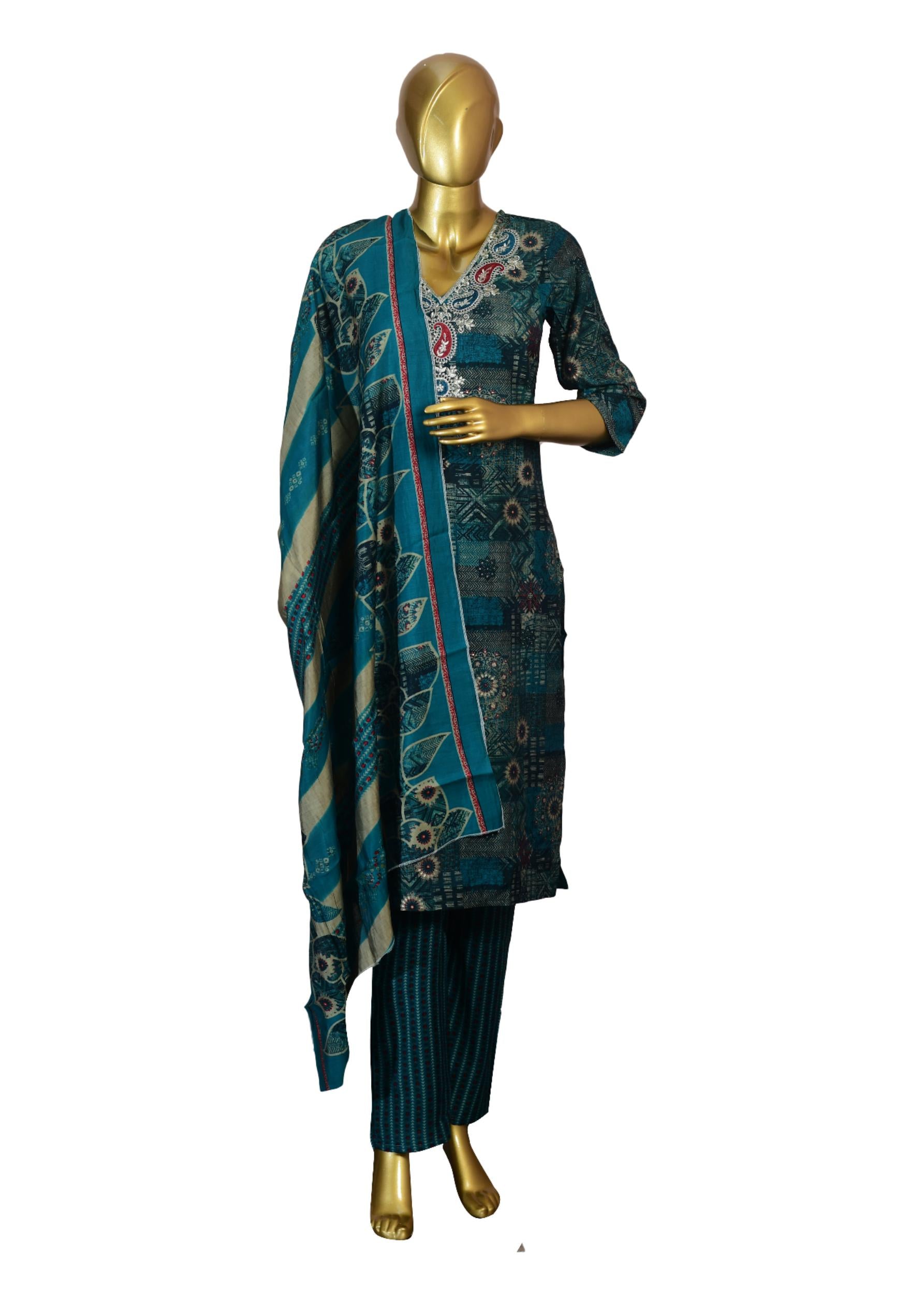 Teal Blue Rayon Straight Fit Suit with Thread Embroidery & Printed Dupatta – Ethnic Wear for Women