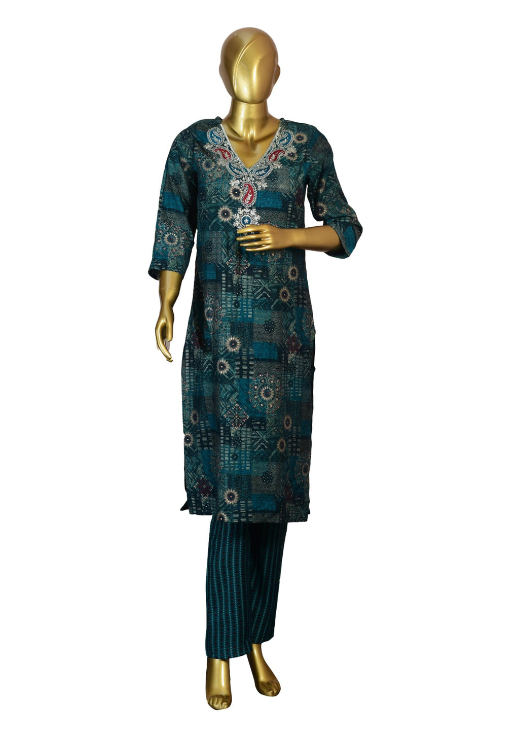 Teal Blue Rayon Straight Fit Suit with Thread Embroidery & Printed Dupatta – Ethnic Wear for Women