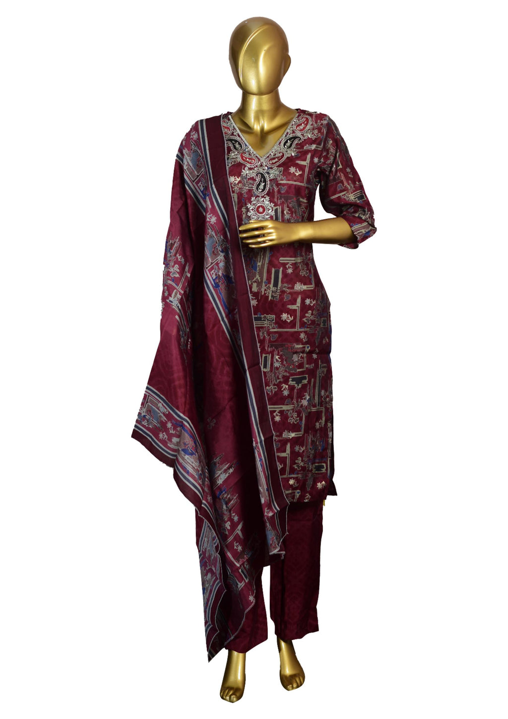 Maroon Rayon Straight Fit Suit Set with Embroidery, Printed Dupatta & Pants – Ethnic Wear for Women
