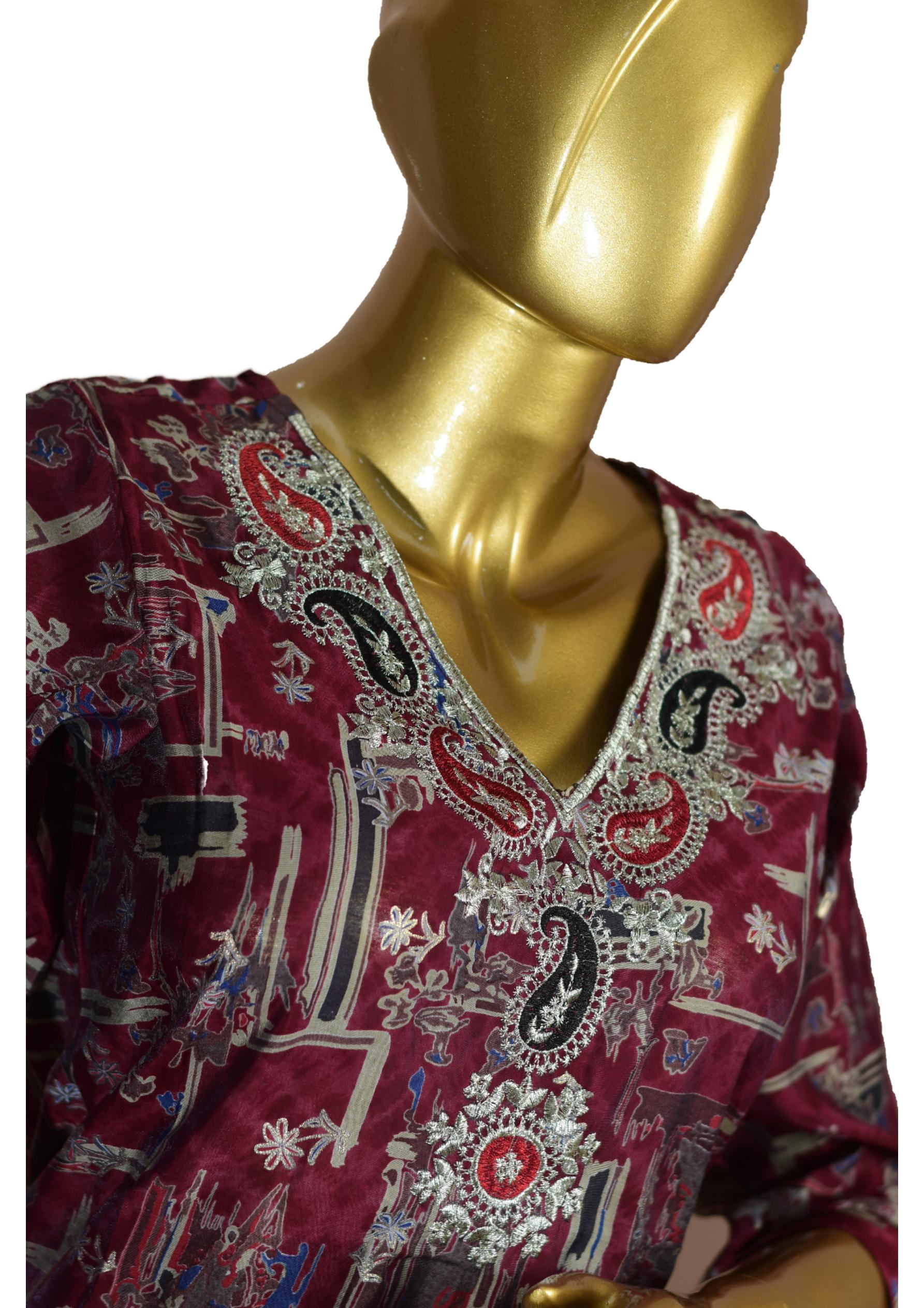 Maroon Rayon Straight Fit Suit Set with Embroidery, Printed Dupatta & Pants – Ethnic Wear for Women
