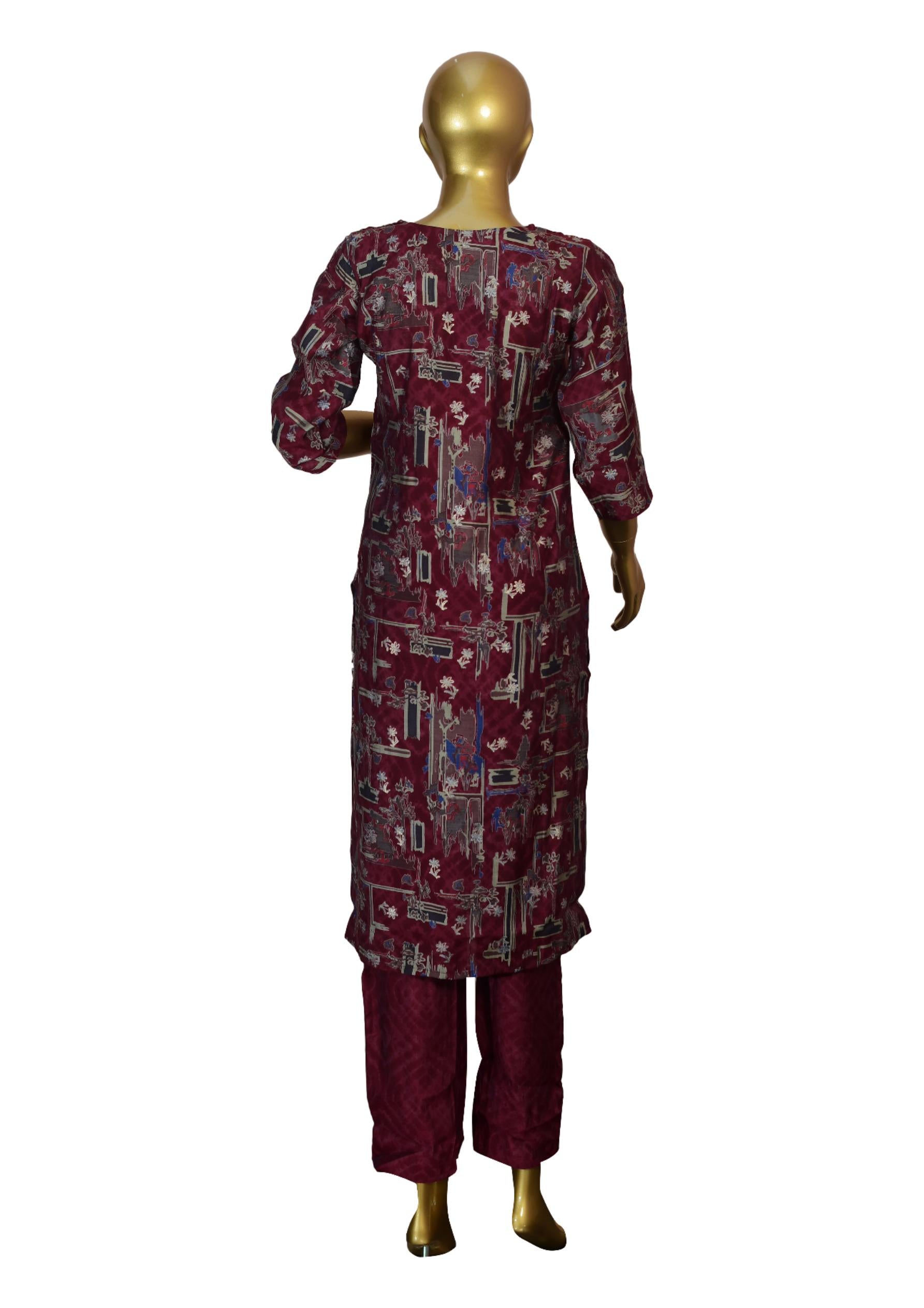 Maroon Rayon Straight Fit Suit Set with Embroidery, Printed Dupatta & Pants – Ethnic Wear for Women