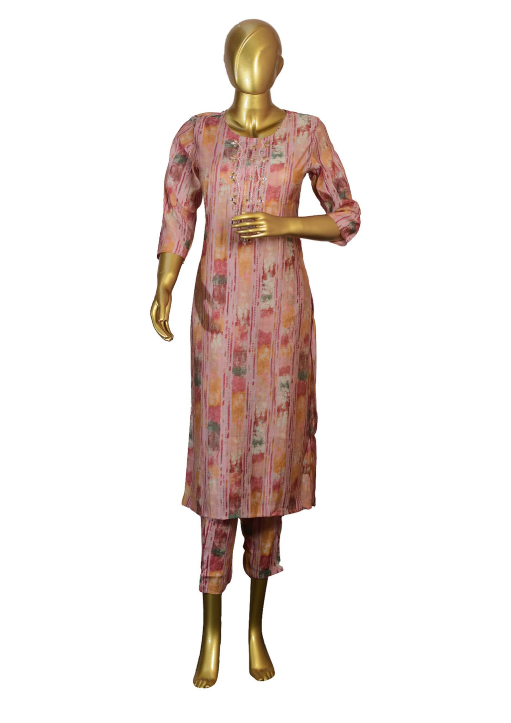 Elegant Pink Rayon 3-Piece Suit with Embroidery & Print