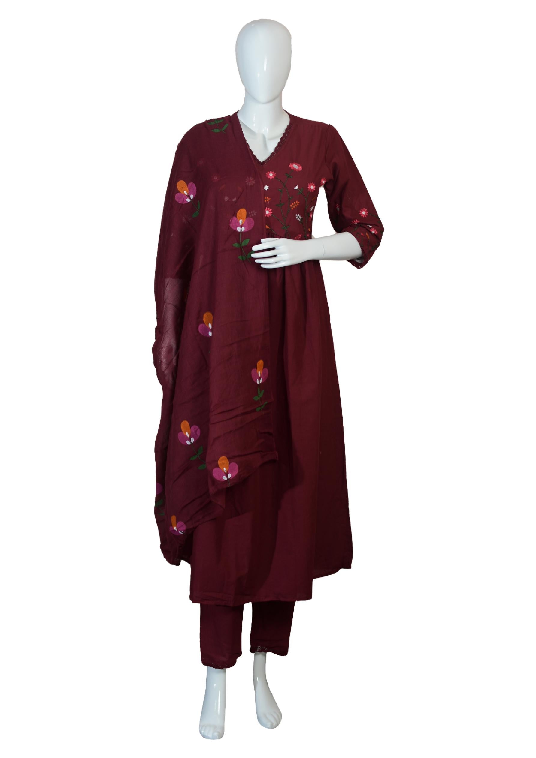 Maroon Cotton Anarkali Suit with Thread Embroidery & Floral Printed Dupatta – Ethnic Wear for Women