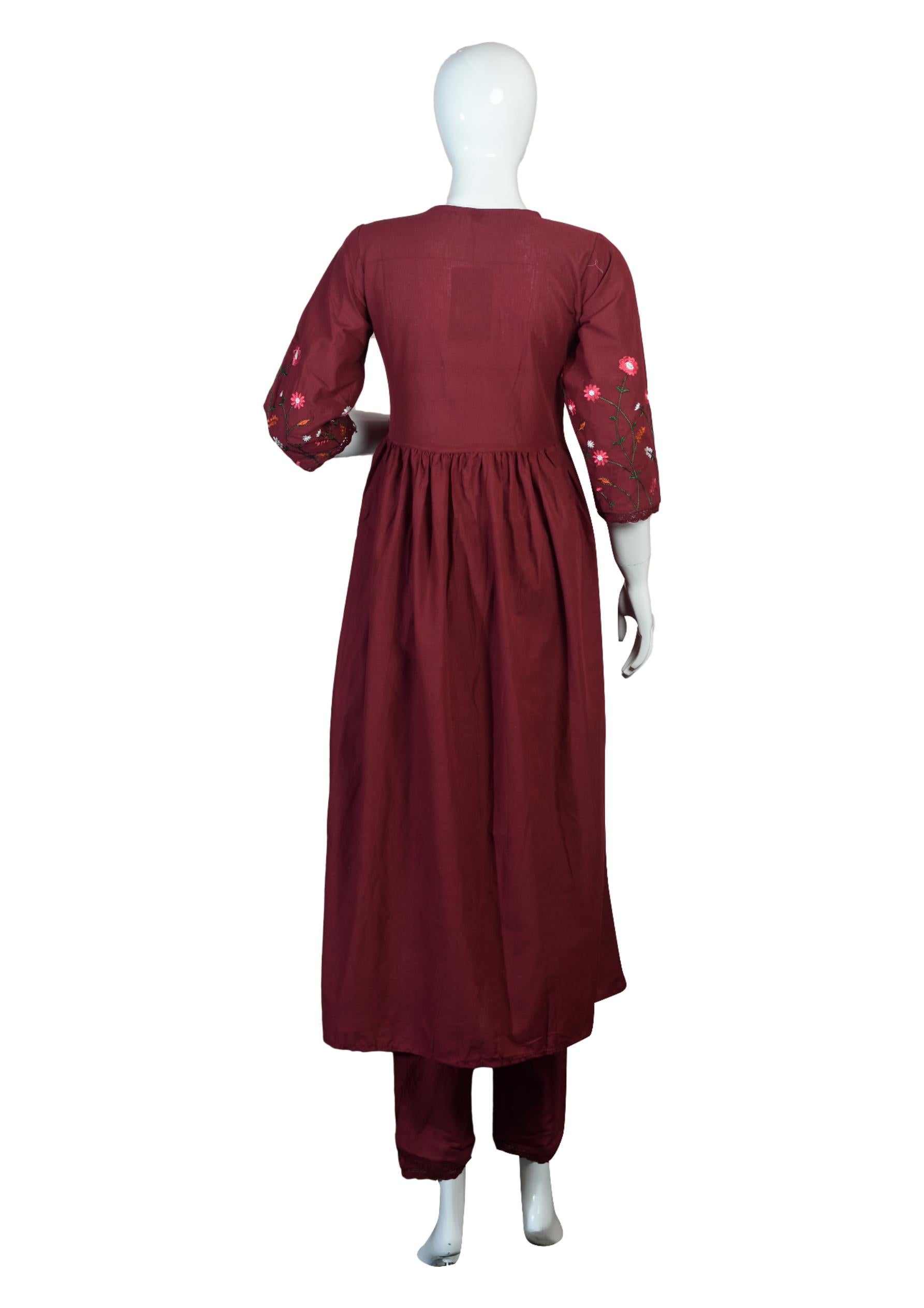 Maroon Cotton Anarkali Suit with Thread Embroidery & Floral Printed Dupatta – Ethnic Wear for Women