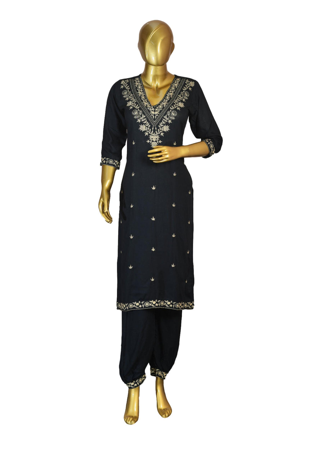 Black Rayon Suit with Thread Embroidery, Floral Printed Dupatta & Afghani Pants – Ethnic Wear for Women