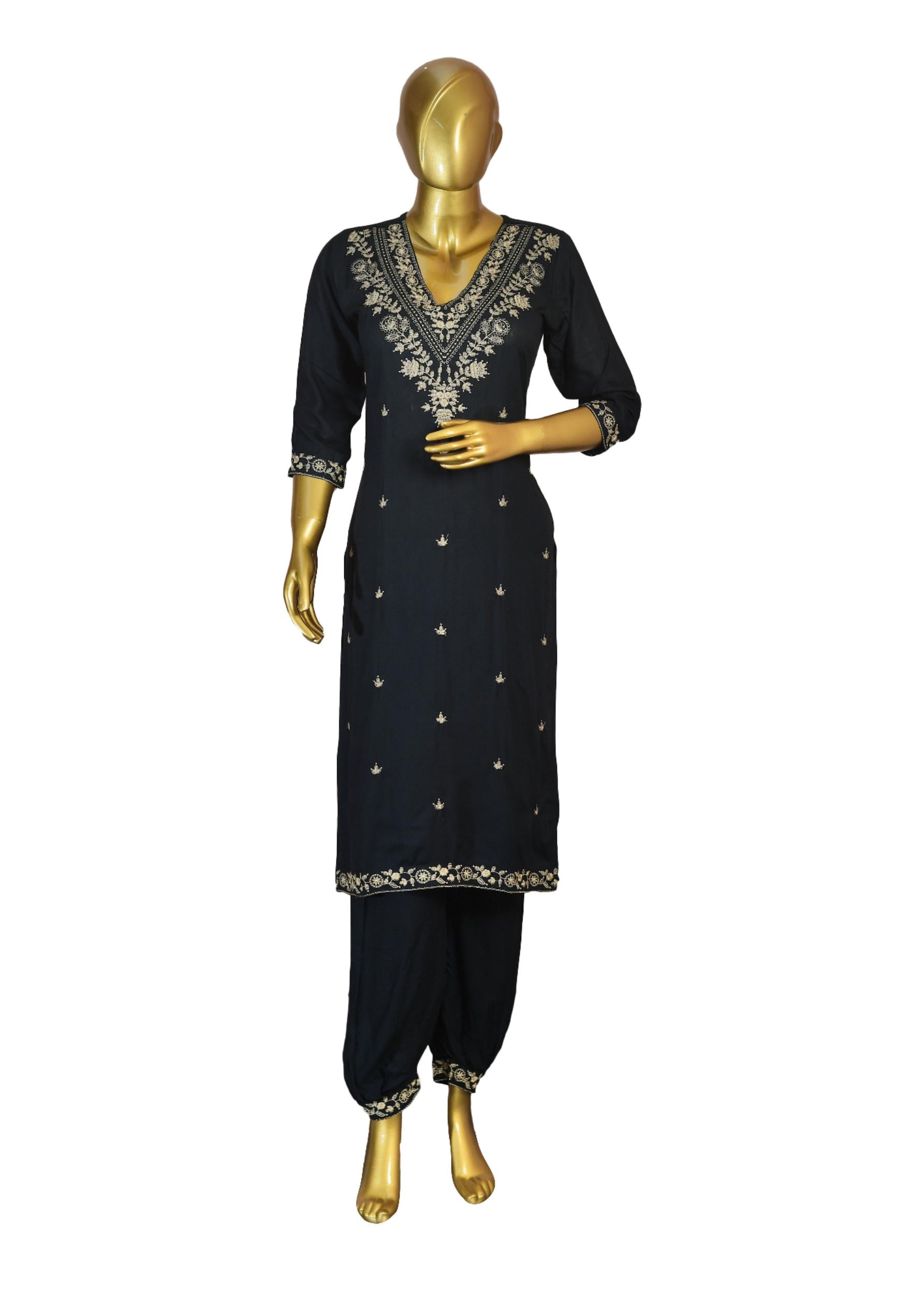 Black Rayon Suit with Thread Embroidery, Floral Printed Dupatta & Afghani Pants – Ethnic Wear for Women