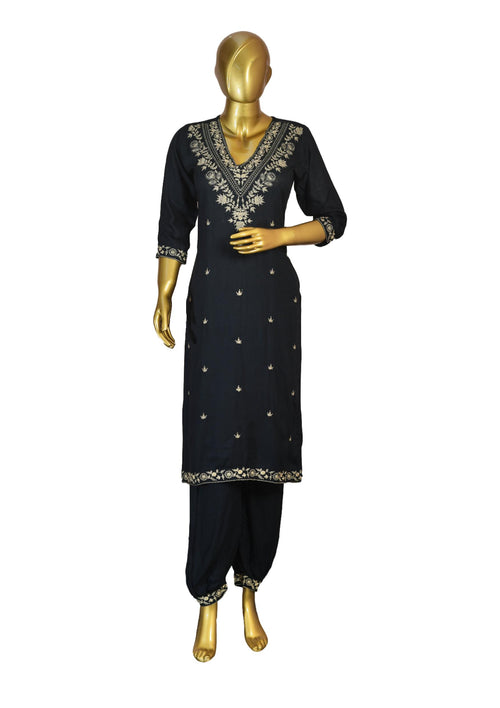 Black Rayon Suit with Thread Embroidery, Floral Printed Dupatta & Afghani Pants – Ethnic Wear for Women