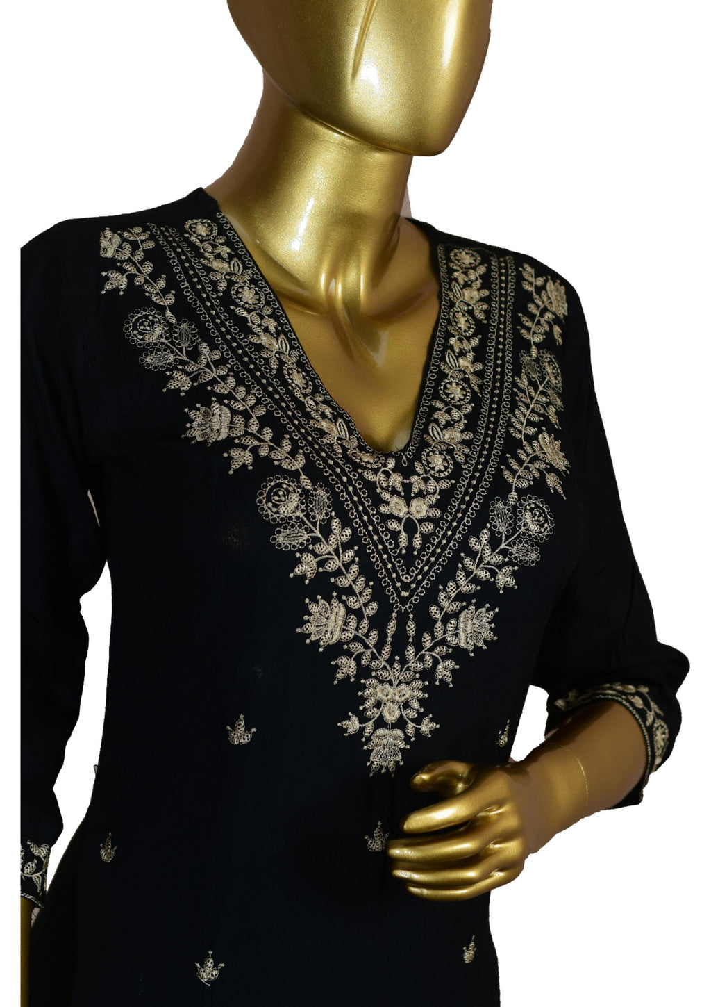 Black Rayon Suit with Thread Embroidery, Floral Printed Dupatta & Afghani Pants – Ethnic Wear for Women