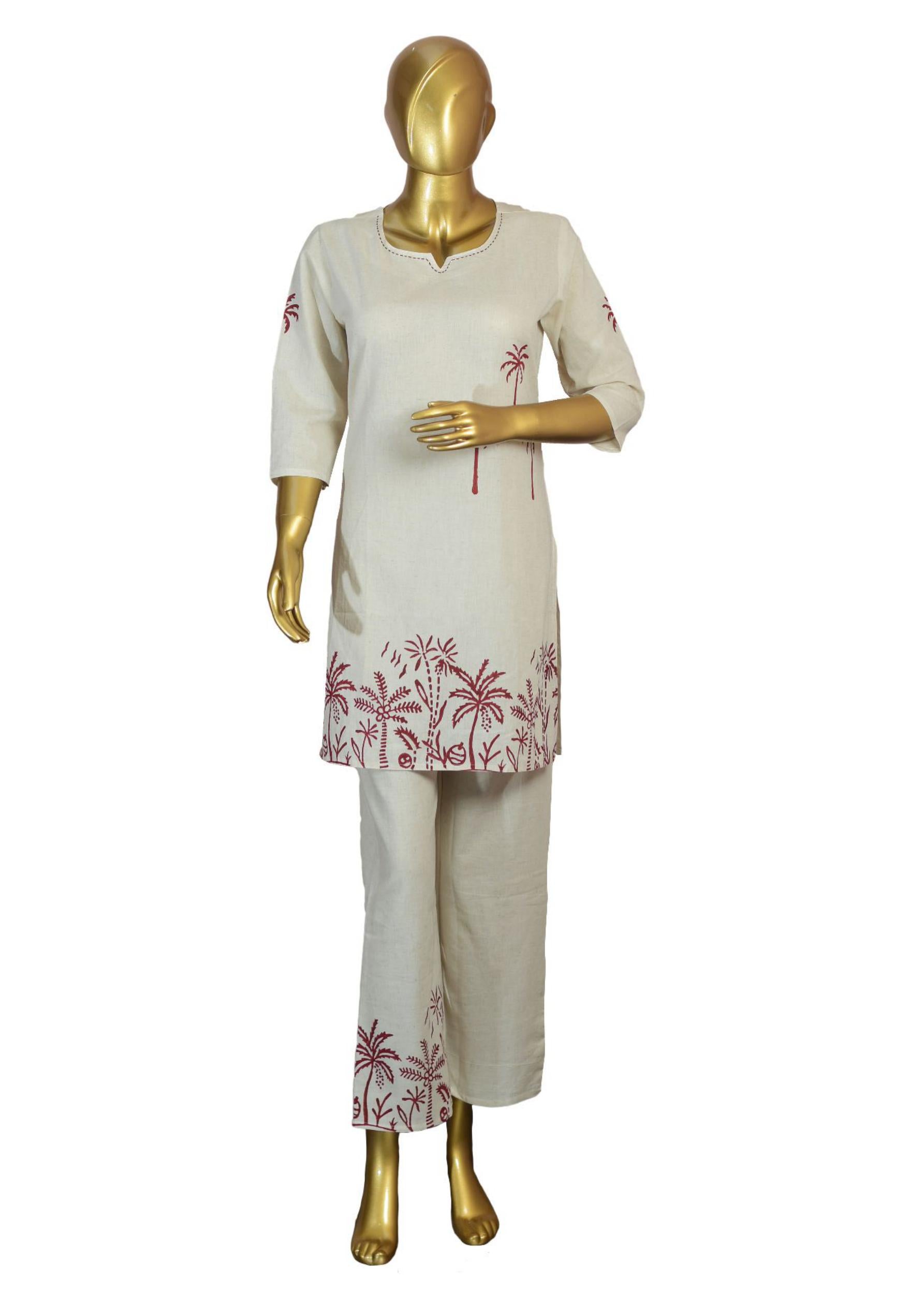 Off-White Khadi Cotton Co-ord Set – Red Printed Kurta & Pants Palm Motif Ethnic Fusion Wear
