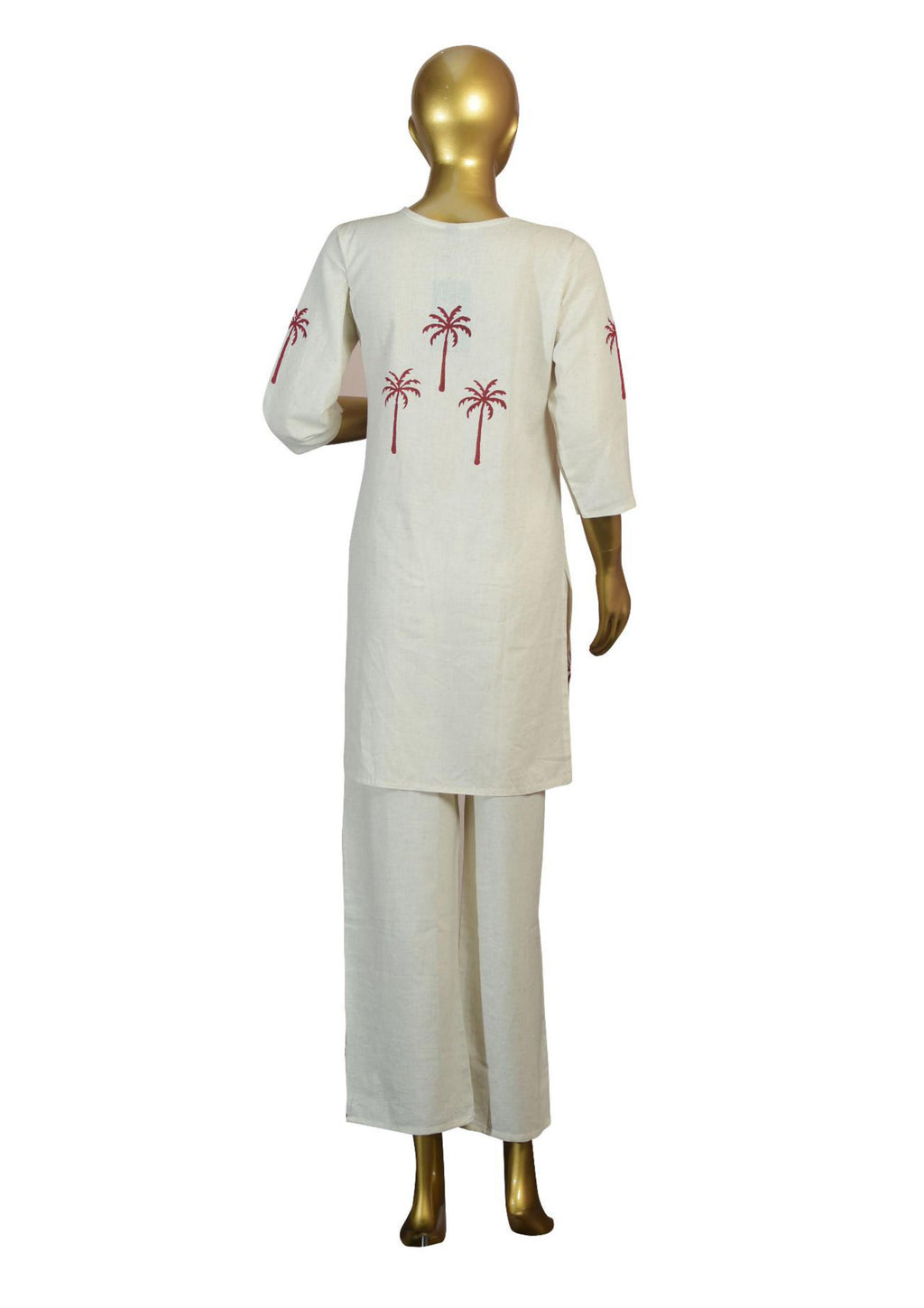 Off-White Khadi Cotton Co-ord Set – Red Printed Kurta & Pants Palm Motif Ethnic Fusion Wear