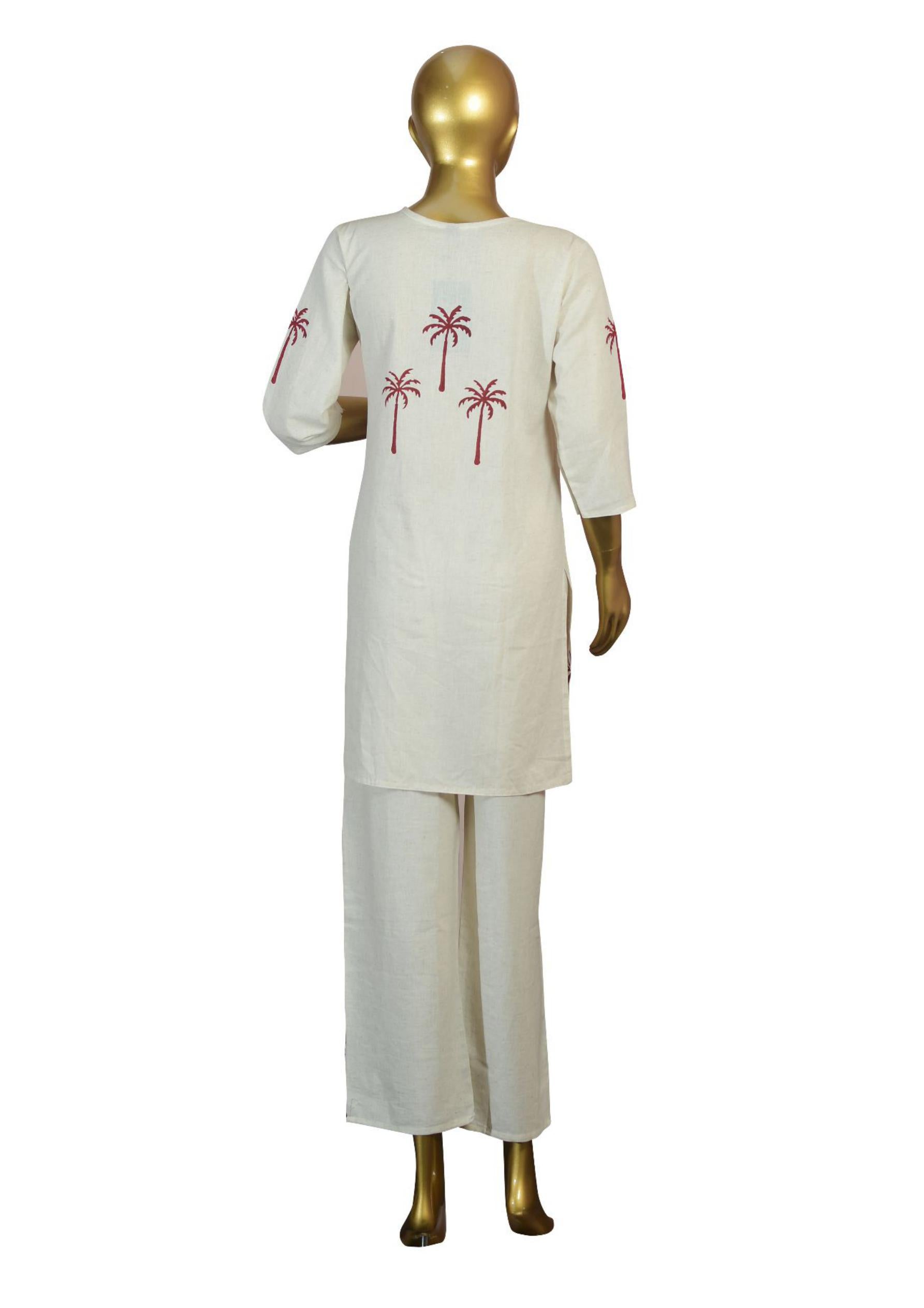 Off-White Khadi Cotton Co-ord Set – Red Printed Kurta & Pants Palm Motif Ethnic Fusion Wear
