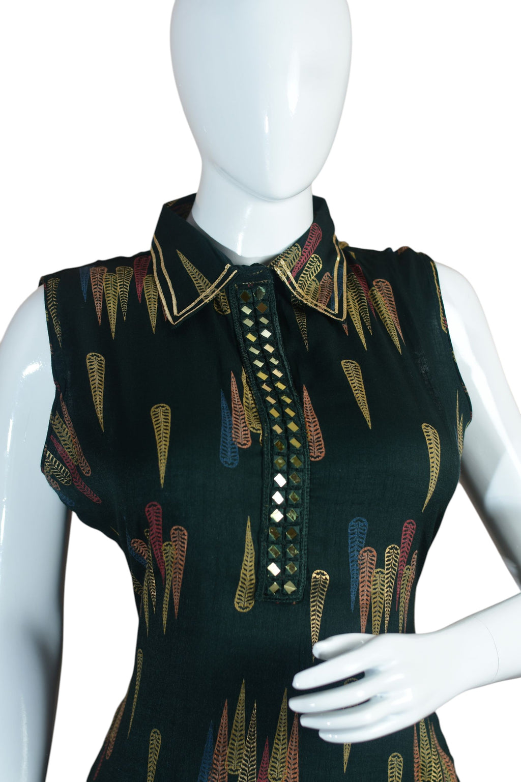 Green Printed Rayon Kurti Set with Afghani Pants – Sleeveless Pull-On Style