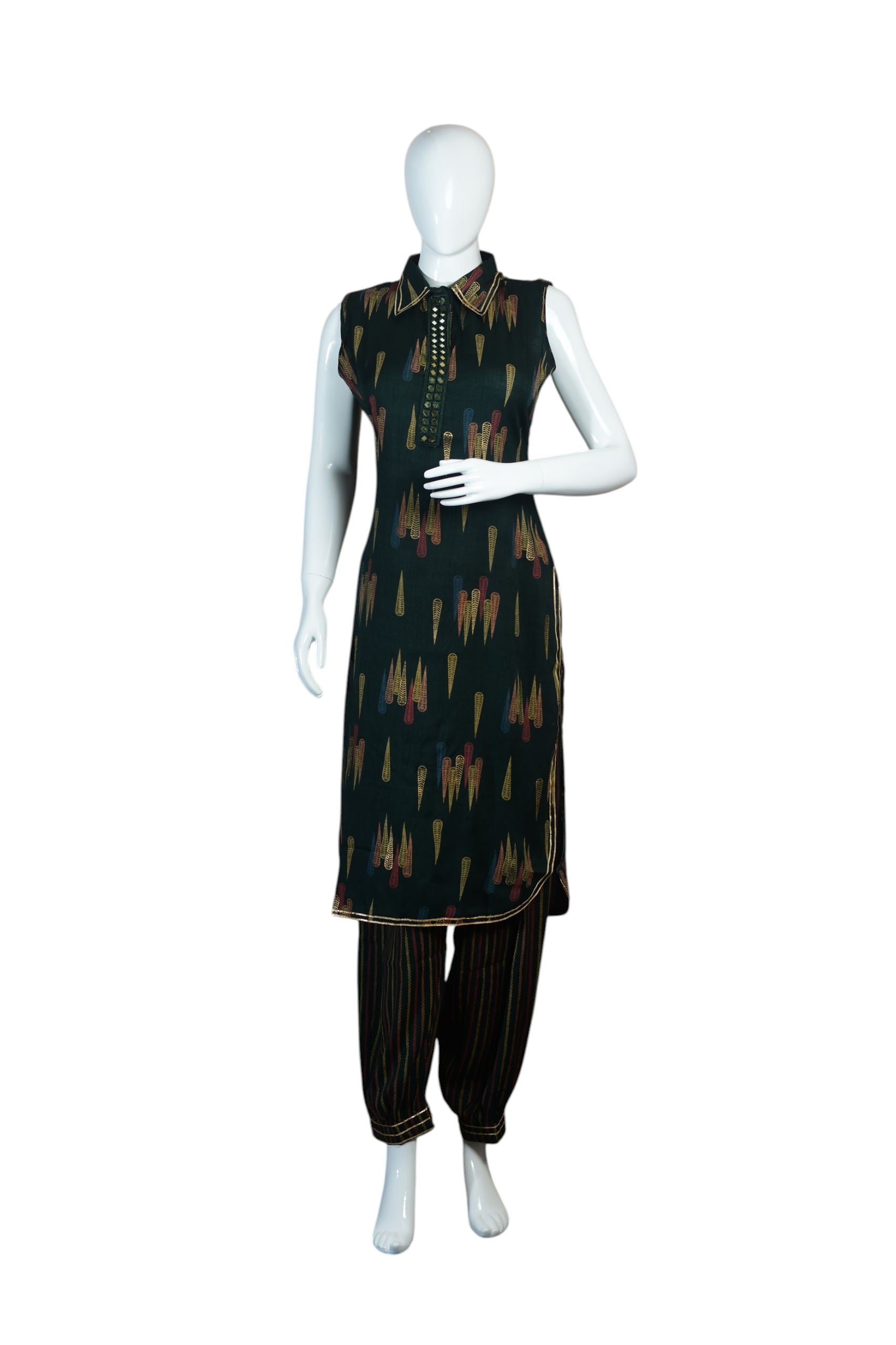 Green Printed Rayon Kurti Set with Afghani Pants – Sleeveless Pull-On Style