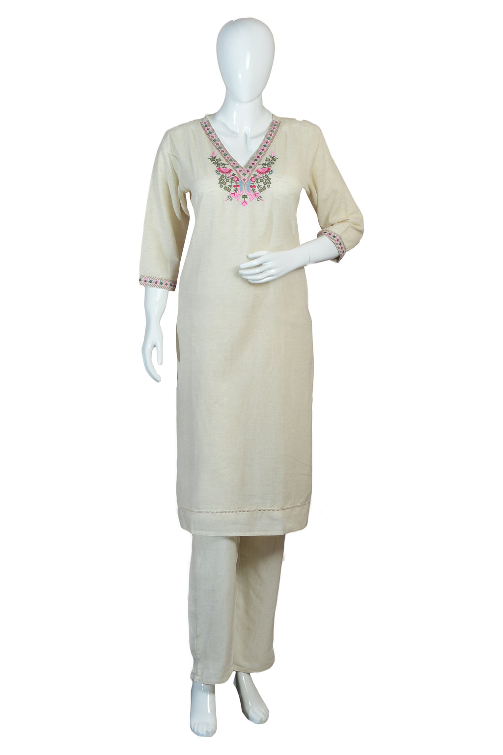 Elegant Khadi Cotton Women's Kurti Set with Intricate Thread Embroidery