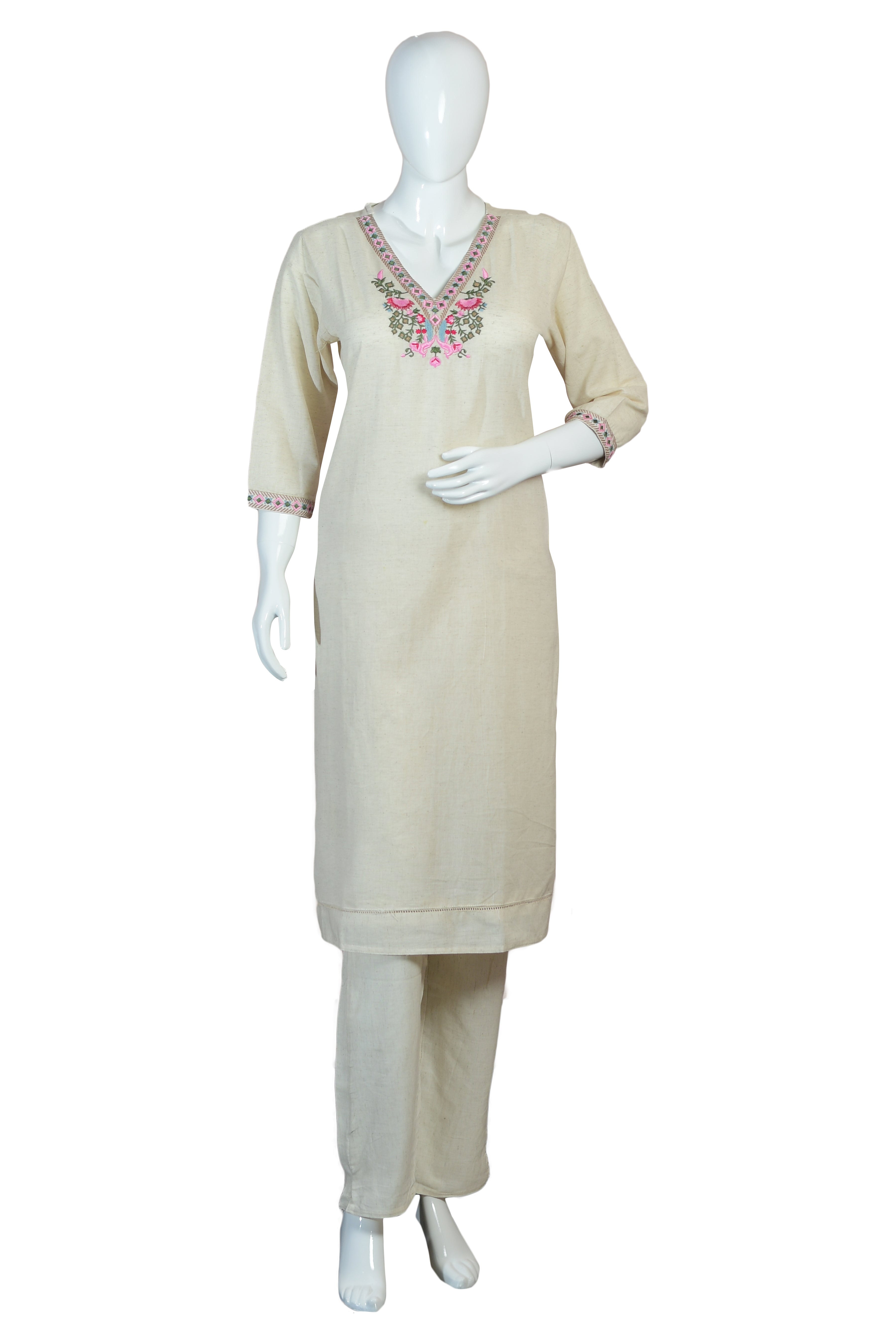 Elegant Khadi Cotton Women's Kurti Set with Intricate Thread Embroidery