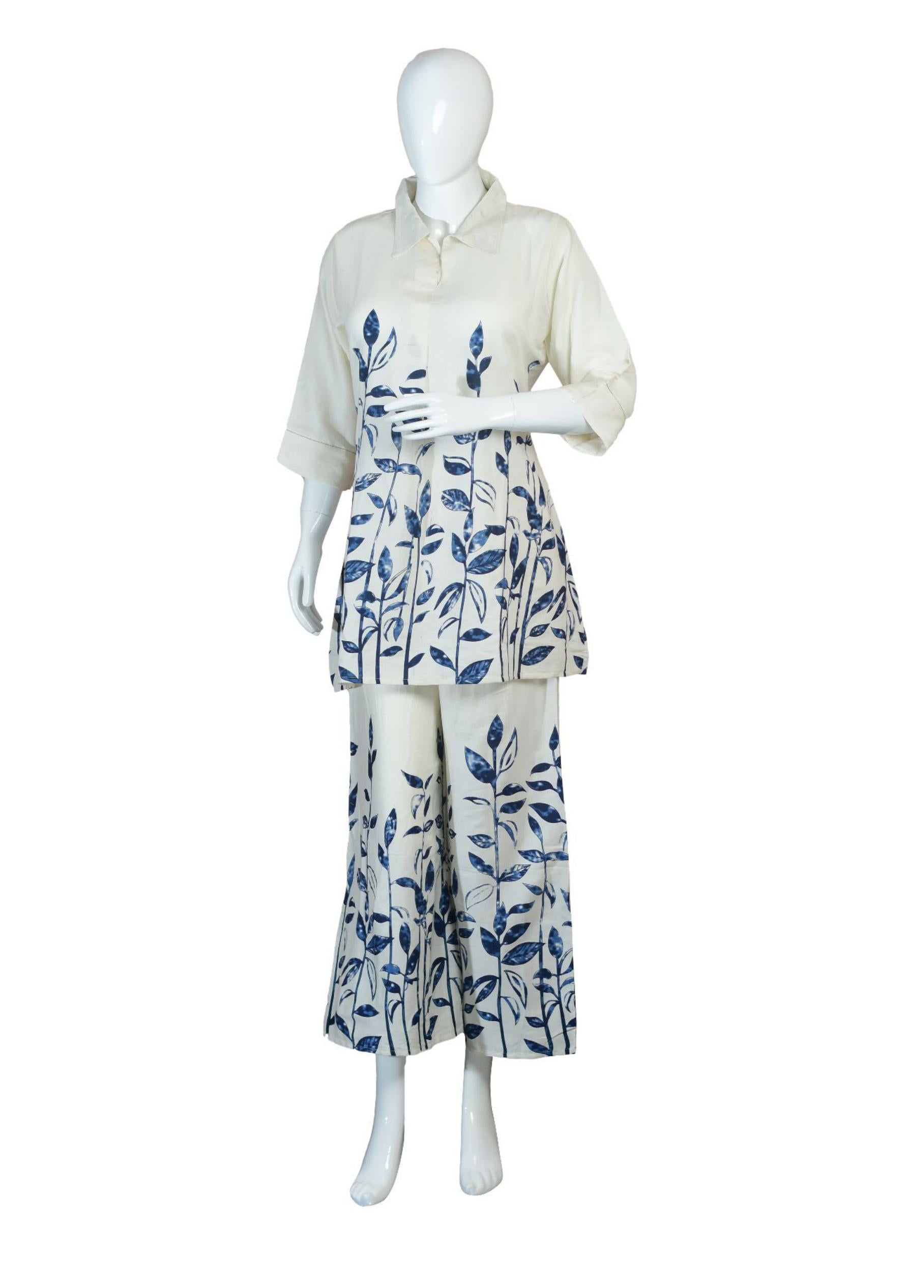 Rayon Co-ord Set – Blue Leaf Print Shirt & Wide-Leg Pants Lightweight Summer Fusion Wear