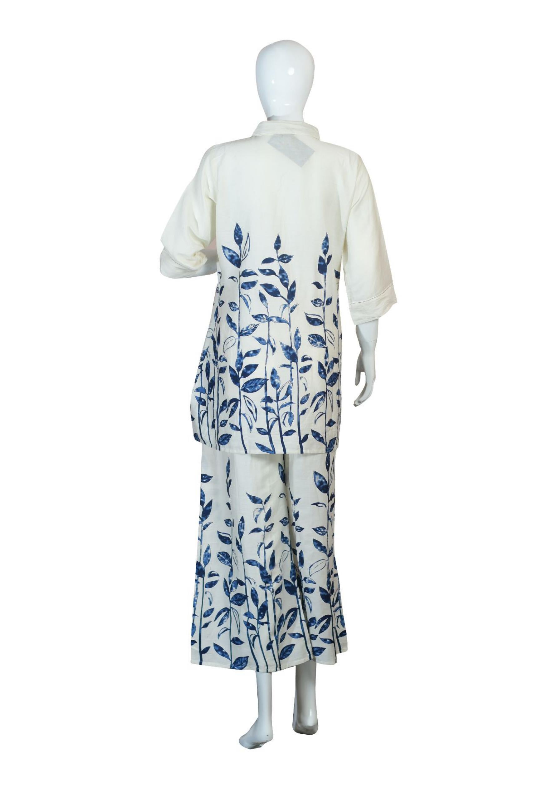 Rayon Co-ord Set – Blue Leaf Print Shirt & Wide-Leg Pants Lightweight Summer Fusion Wear