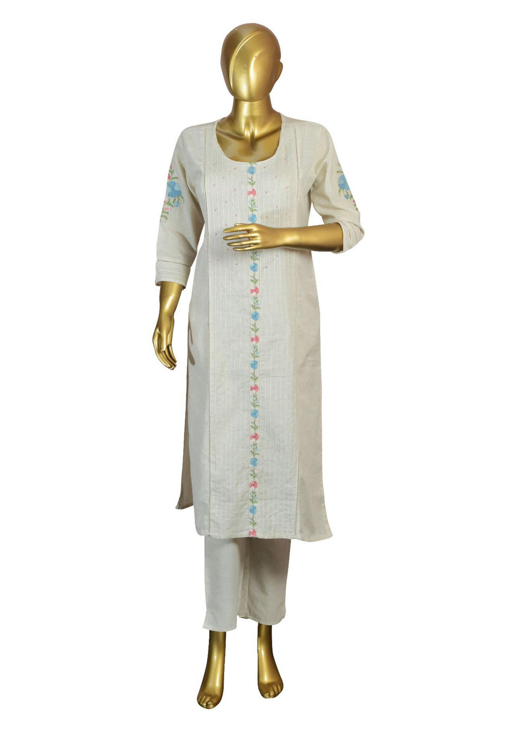 Women’s White Khadi Cotton Kurti Floral Thread Embroidered Kurta & Pants Ethnic Fusion Wear