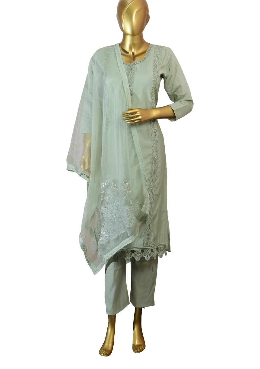 Mint Green Pure Organza 3-Piece Suit with Thread Embroidery & Floral Embroidered Dupatta – Ethnic Wear for Women