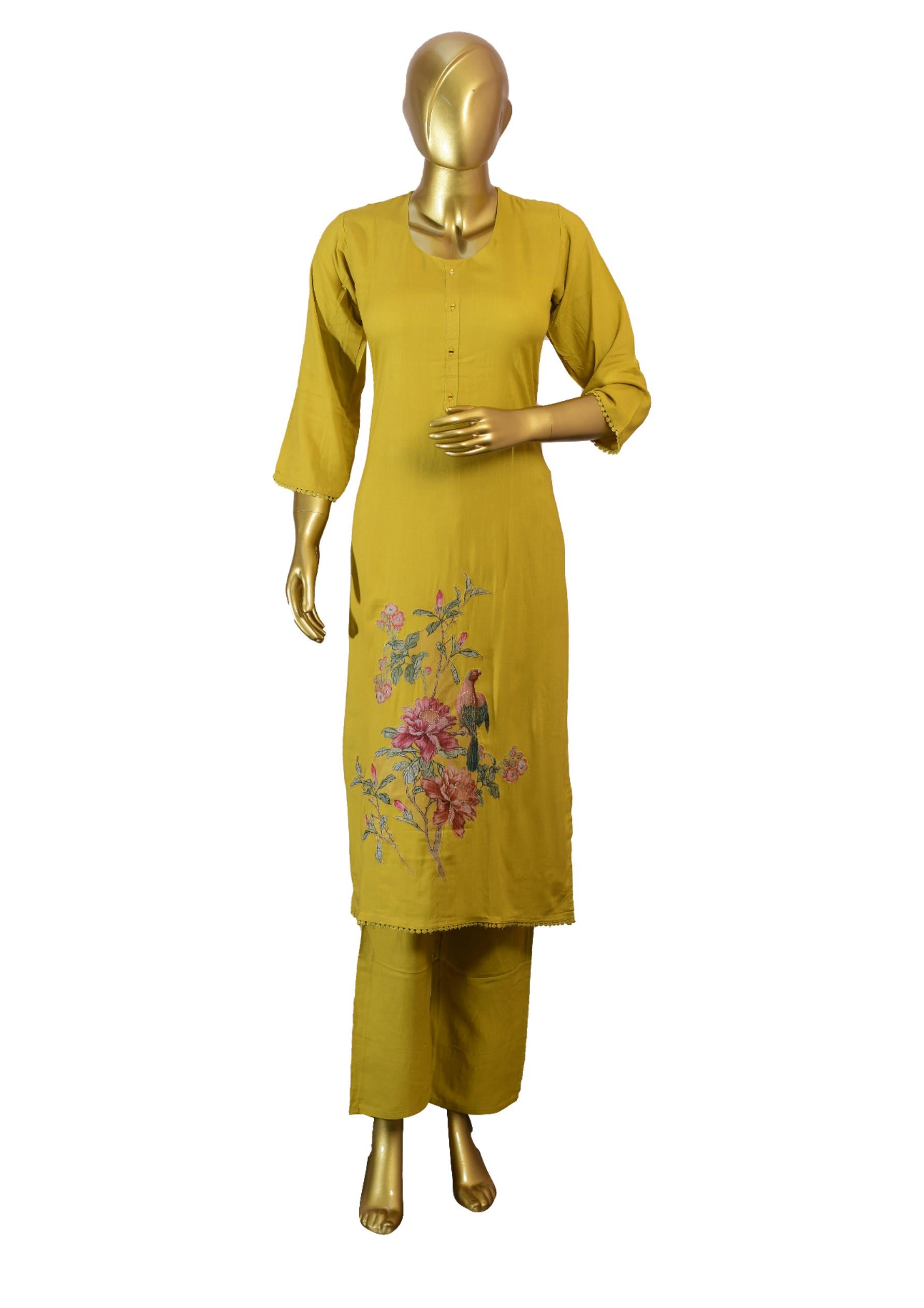 Elegant Mustard Yellow 3-Piece Suit with Floral Print & Embroidery