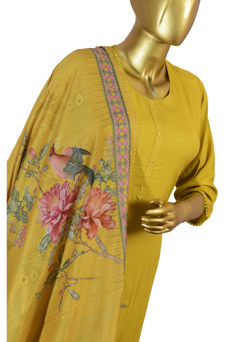 Elegant Mustard Yellow 3-Piece Suit with Floral Print & Embroidery