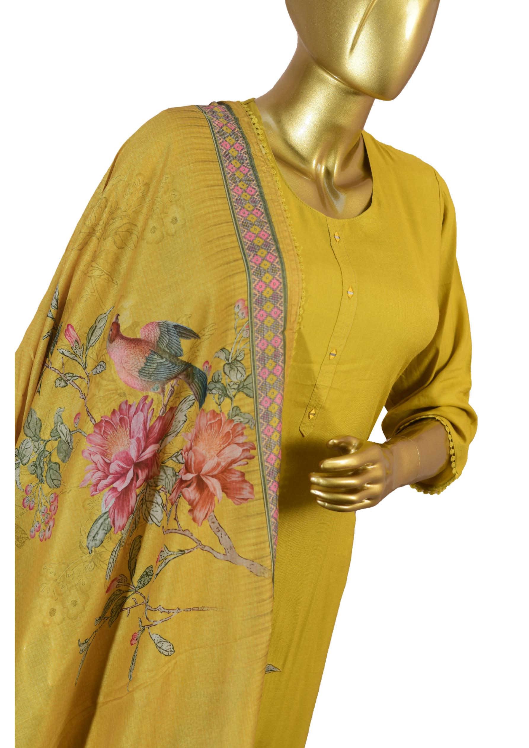 Elegant Mustard Yellow 3-Piece Suit with Floral Print & Embroidery