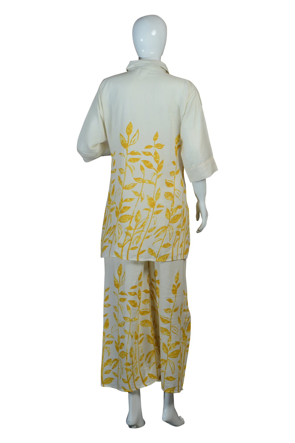 Rayon Short Co-ord Set – Yellow Leaf Print Kurta & Wide-Leg Pants Casual Ethnic Wear
