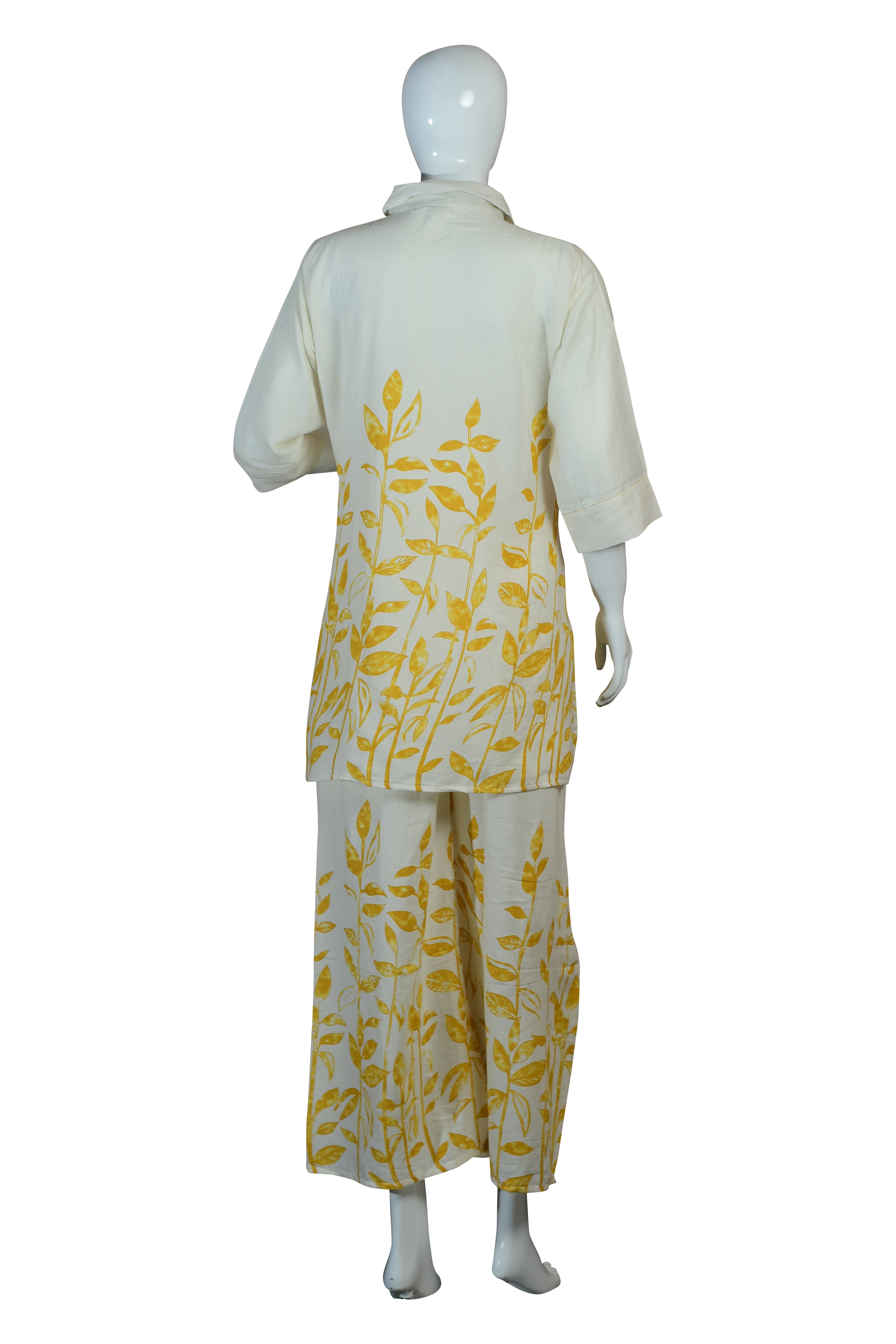 Rayon Short Co-ord Set – Yellow Leaf Print Kurta & Wide-Leg Pants Casual Ethnic Wear