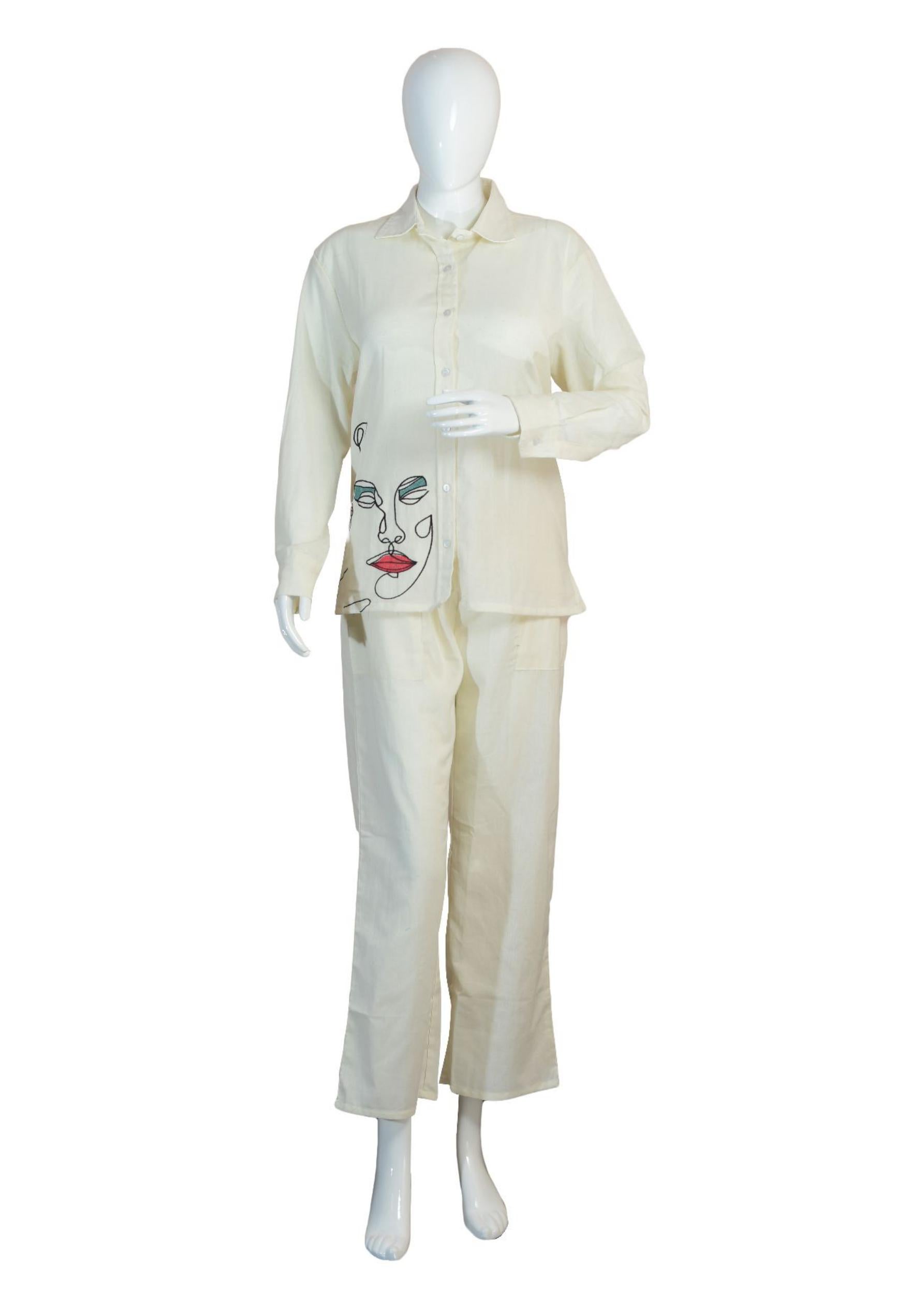 Women’s White Khadi Cotton Co-ord Set – Thread Embroidered Shirt & Pants Ethnic Fusion Wear Handcrafted Elegance