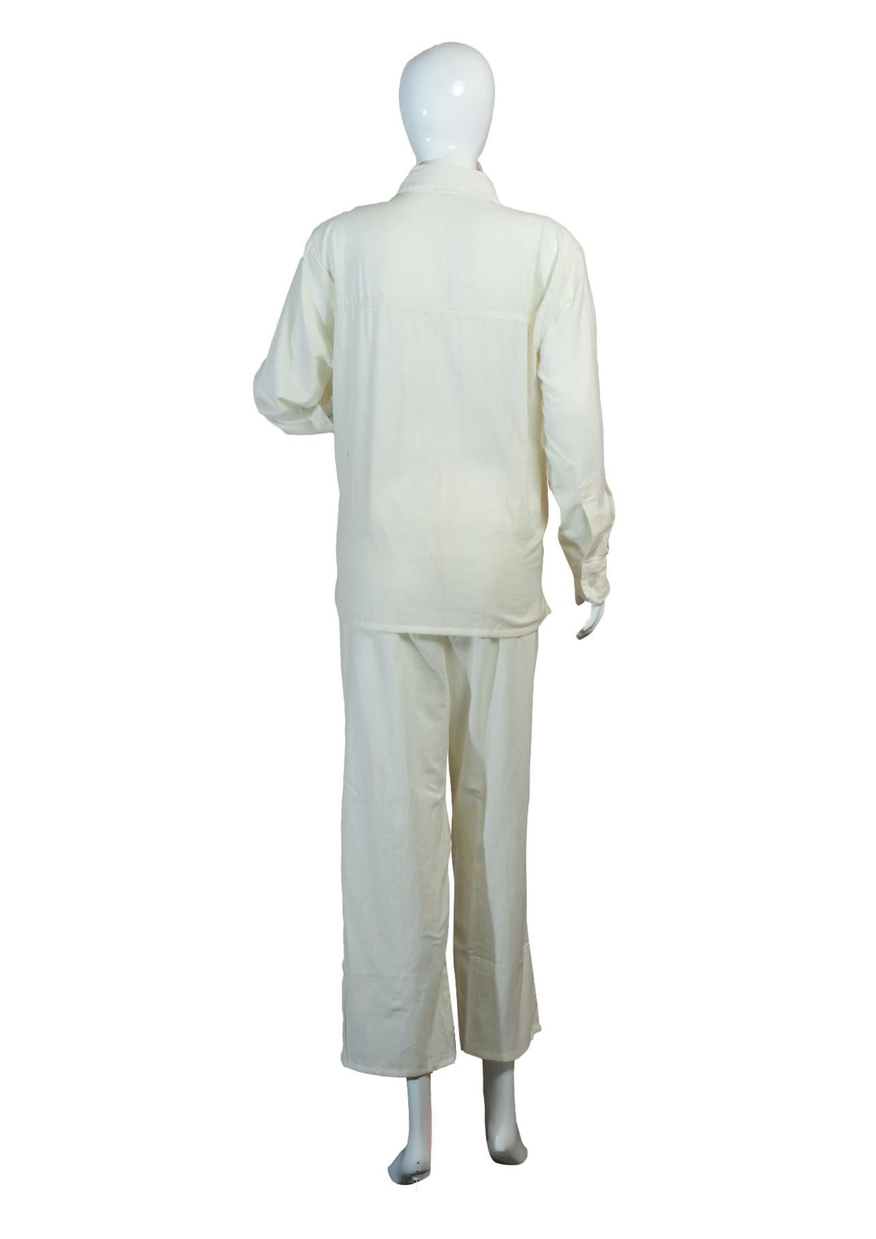 Women’s White Khadi Cotton Co-ord Set – Thread Embroidered Shirt & Pants Ethnic Fusion Wear Handcrafted Elegance