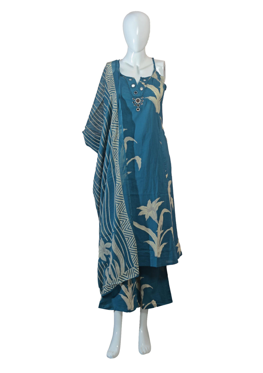 Teal Blue 3 Piece Ethnic Kurti Set for Women – V-Neck Embroidered KurtI with Mirror Work, Printed Dupatta & Plazo