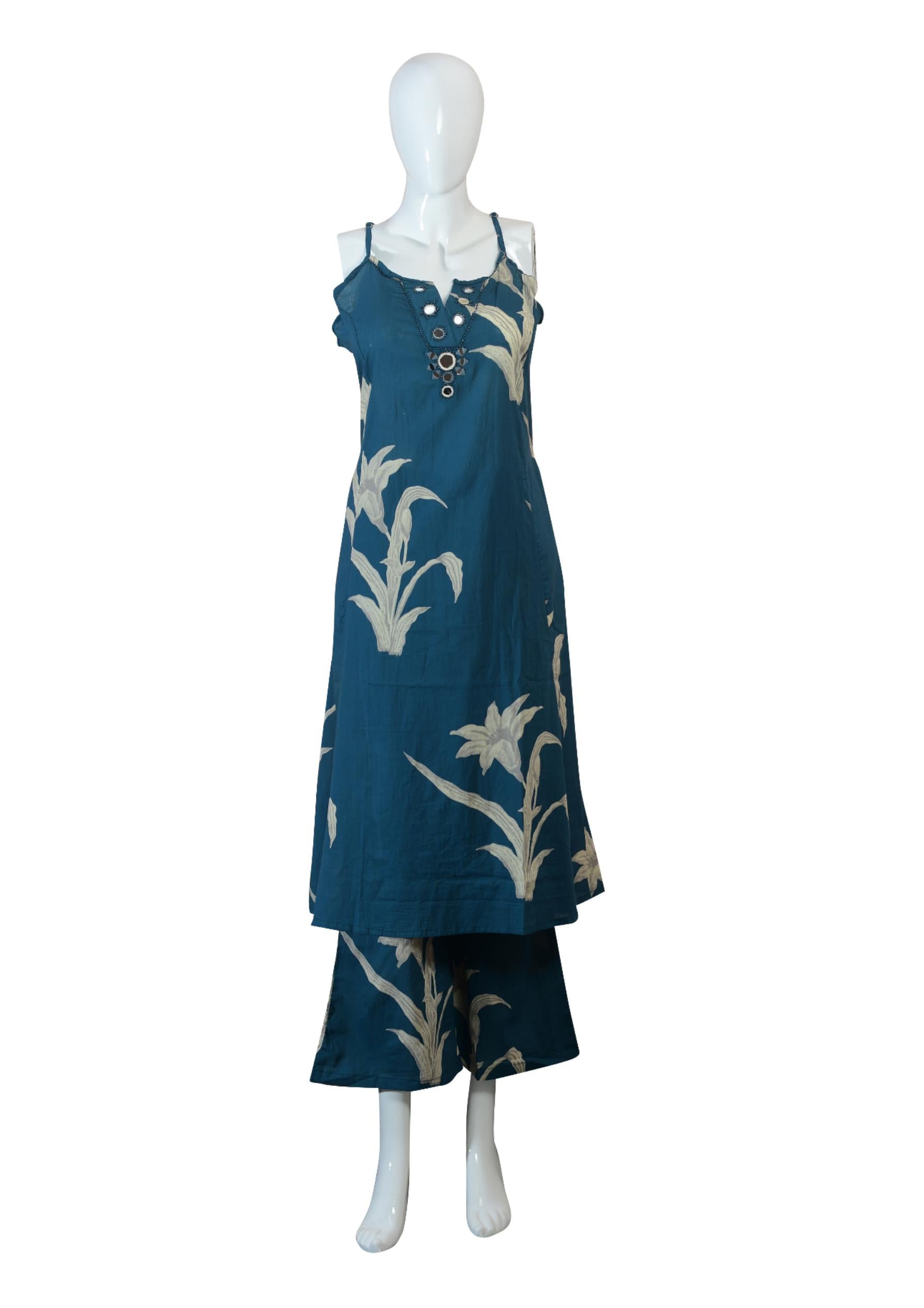 Teal Blue 3 Piece Ethnic Kurti Set for Women – V-Neck Embroidered KurtI with Mirror Work, Printed Dupatta & Plazo